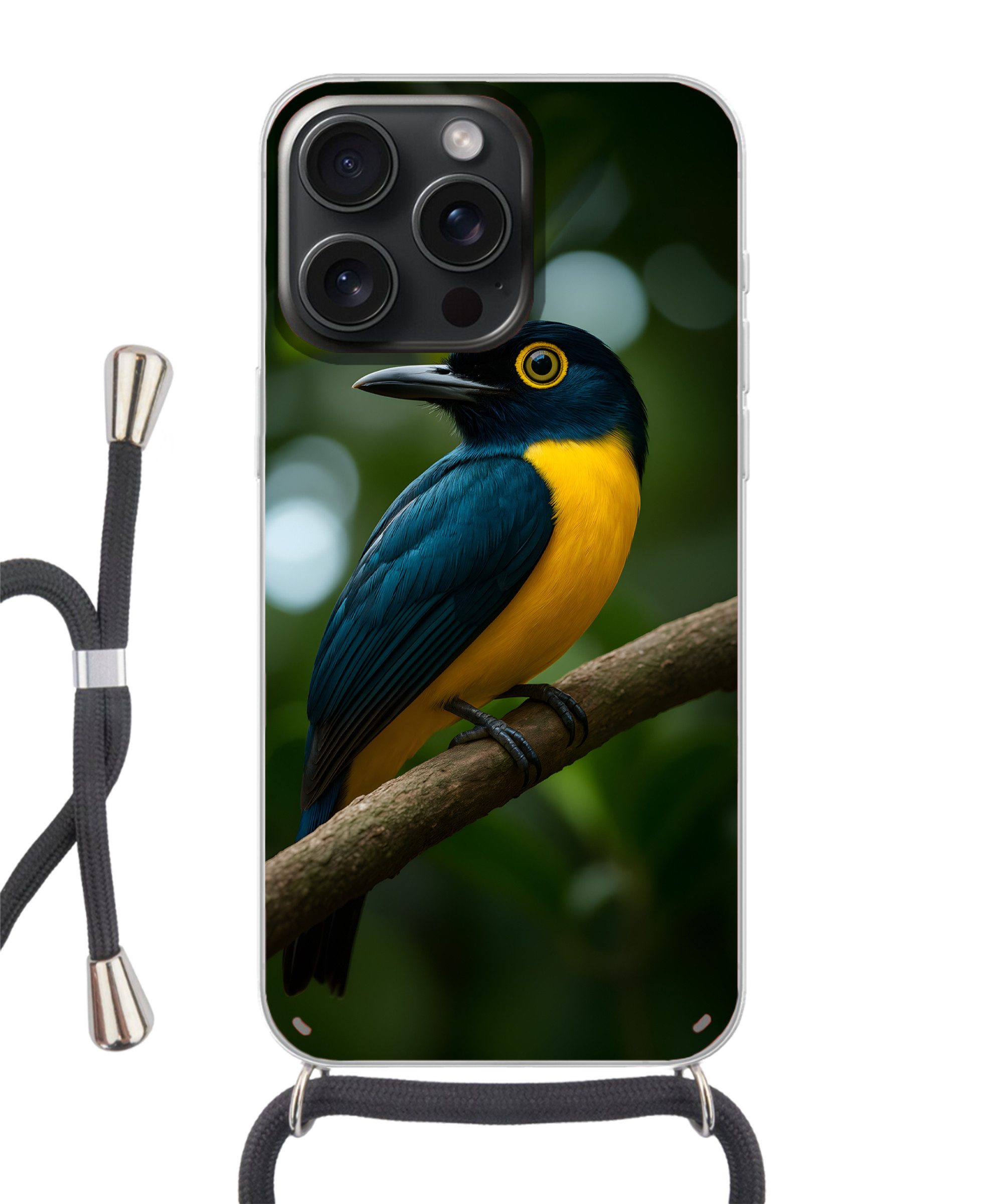 MuchoWow Handyhülle für Apple iPhone 15 Pro Max Vogel - Zweig - Gelb - Blätter, Tragbare Handyhüllen mit Kette zum umhängen, Handykette Handyband