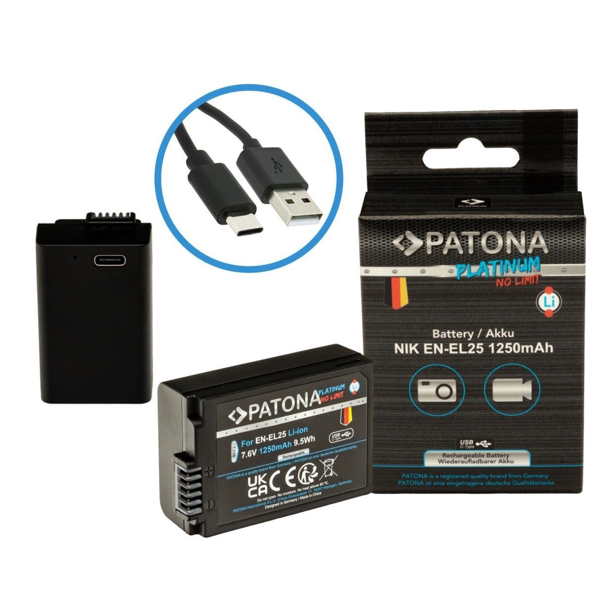 Patona Akku für Nikon EN-EL25 mit USB C Input Kamera-Akku Ersatzakku Akku 1250 mAh (7,6 V, 1 St), EN-EL25 Zfc Z50 Z30