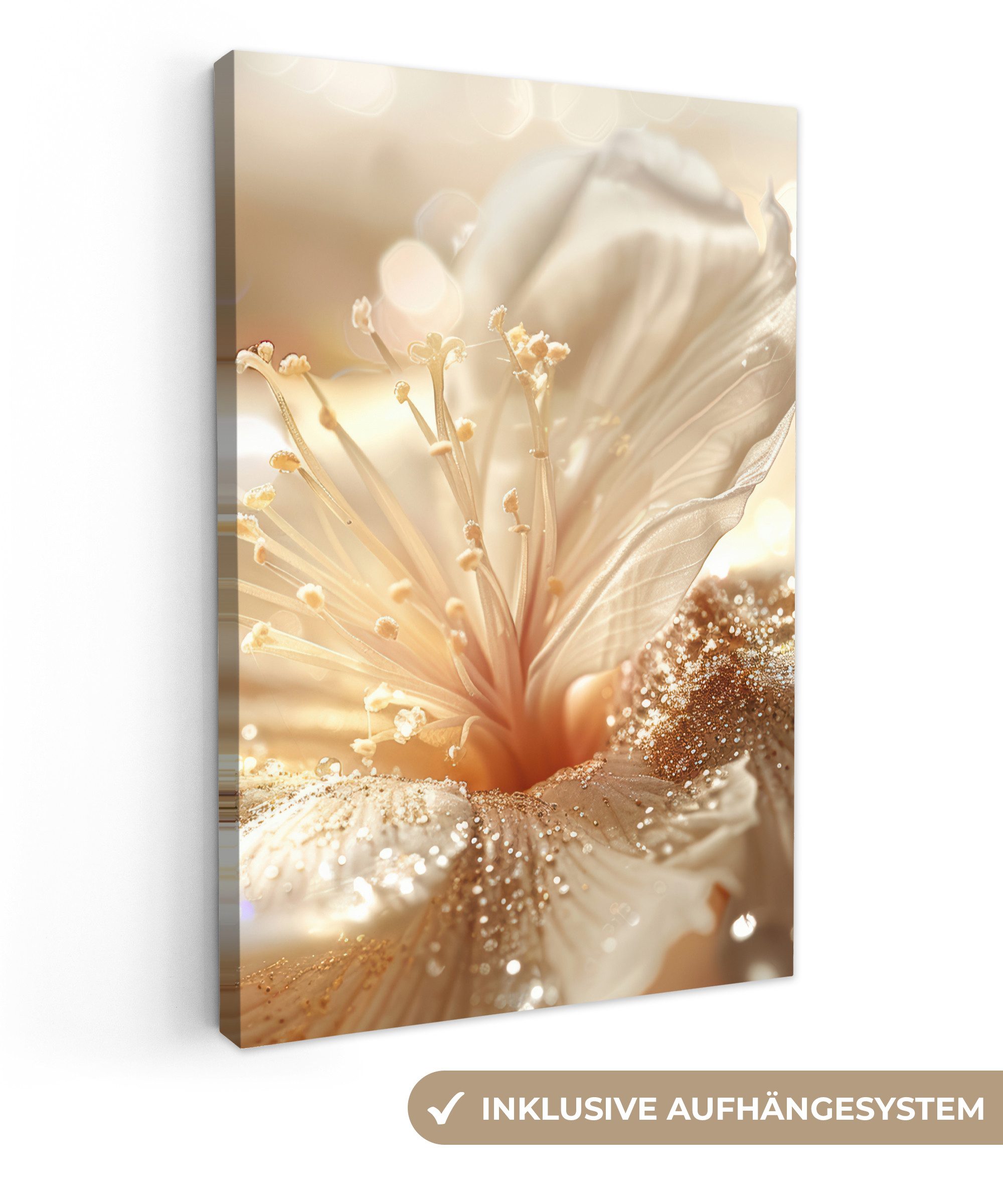 Leinwandbild Blume - Weiß - Glitter - Gold - Modern