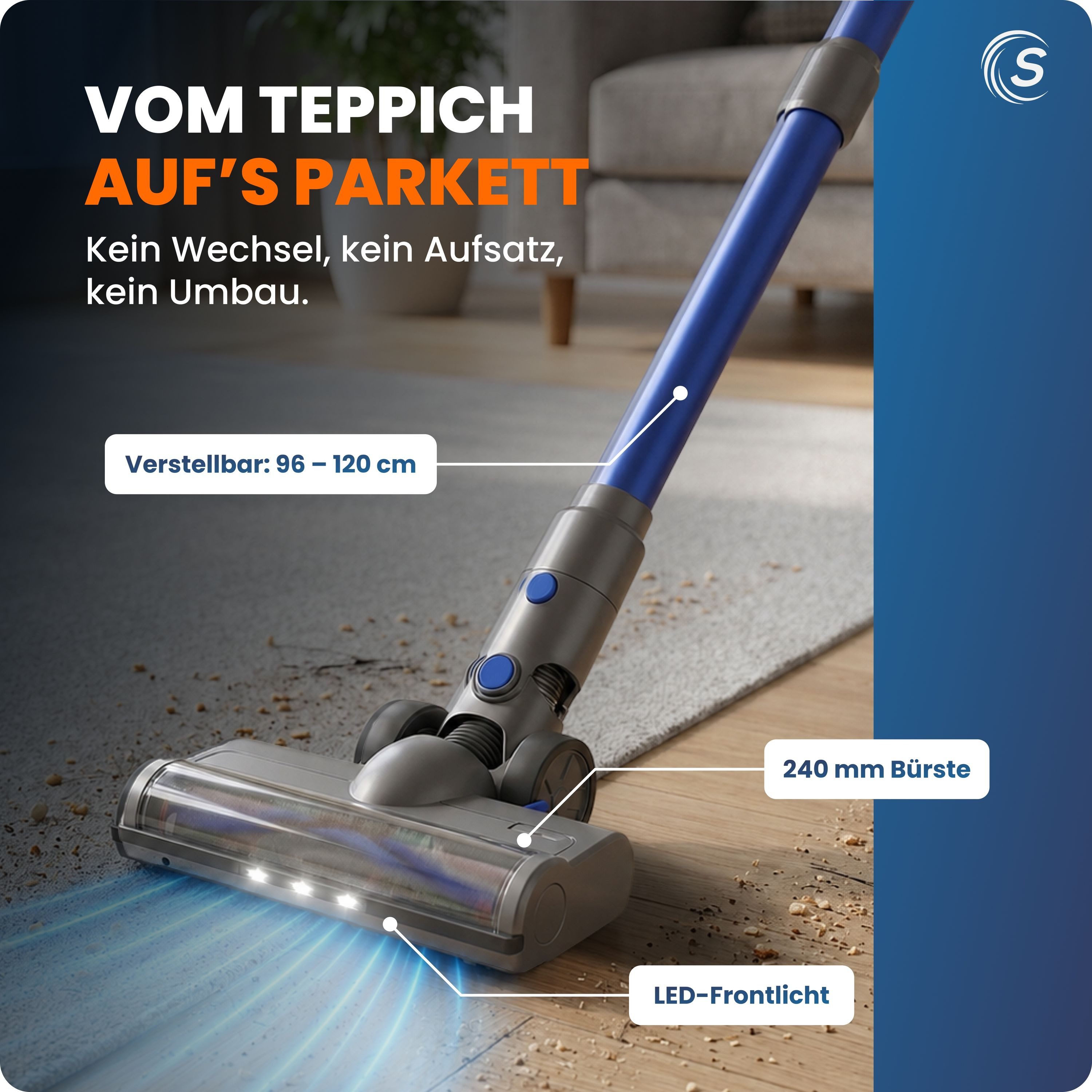 Sommertal Akku-Handstaubsauger Akku Staubsauger VARIO150 3-Stufen Turbosauger mit 45min Laufzeit, für 300m² Teppich Hartböden Tierhaare LED Akkustaubsauger