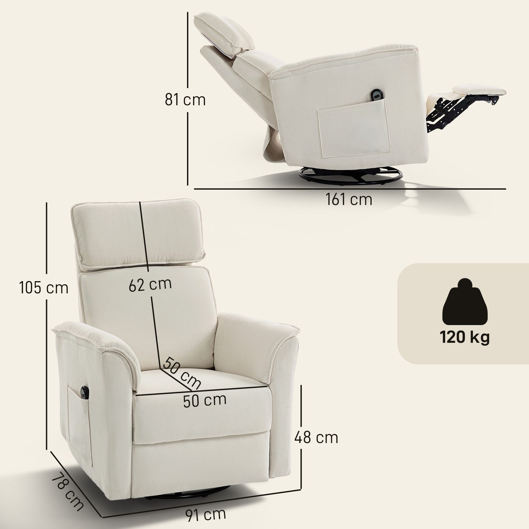 HOMCOM Relaxsessel Liegefunktion TV Sessel, verstellbare Rückenlehne, Seitentasche (elektrischer Fernsehsessel, 1-St., Relaxsessel), für Wohnzimmer, Schlafzimmer, Cremeweiß