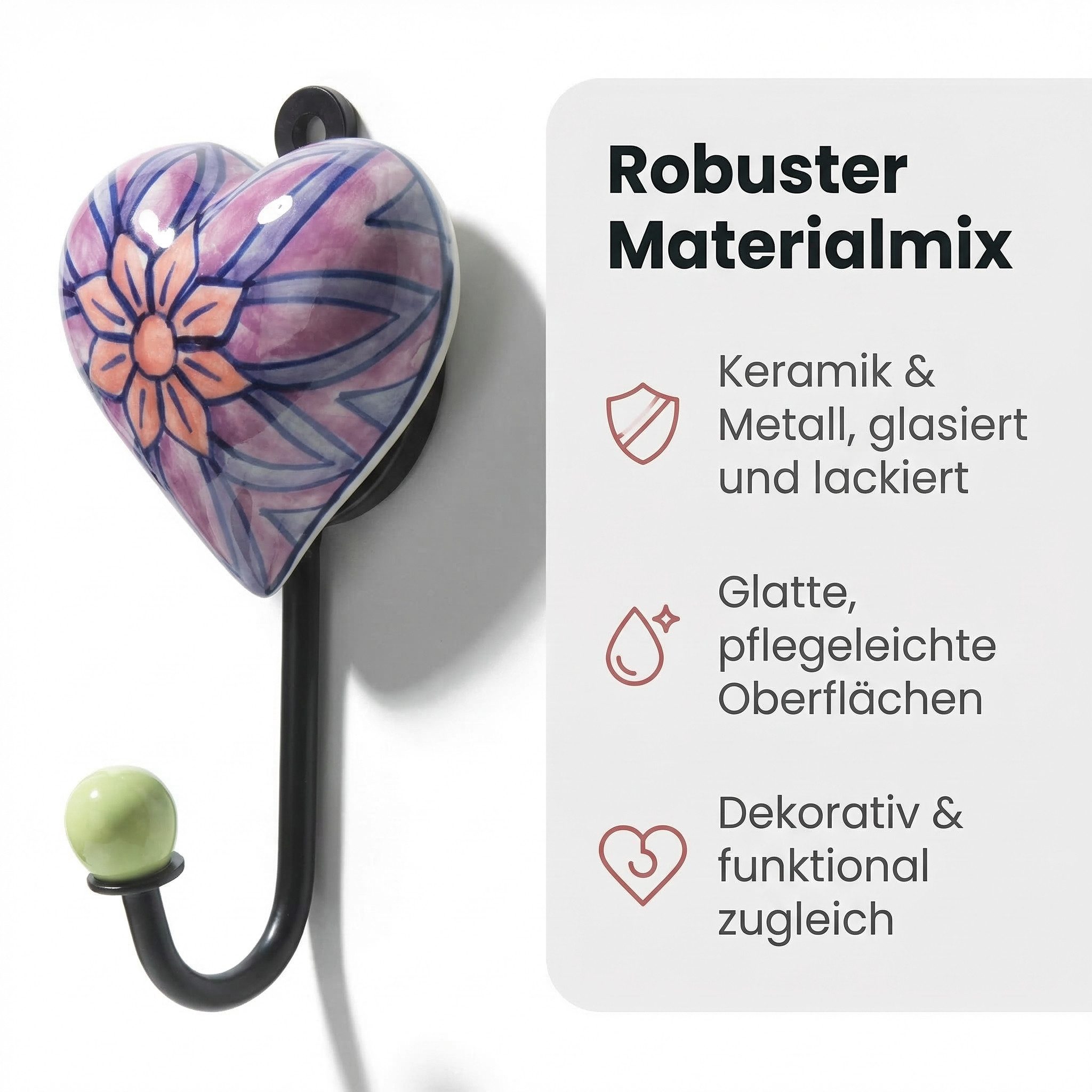 LK Trend & Style Garderobenhalter Dekorative Wandhaken Set, Herz-Design mit Blumenmuster (2 St), Keramik und Metall, lackierte Oberfläche
