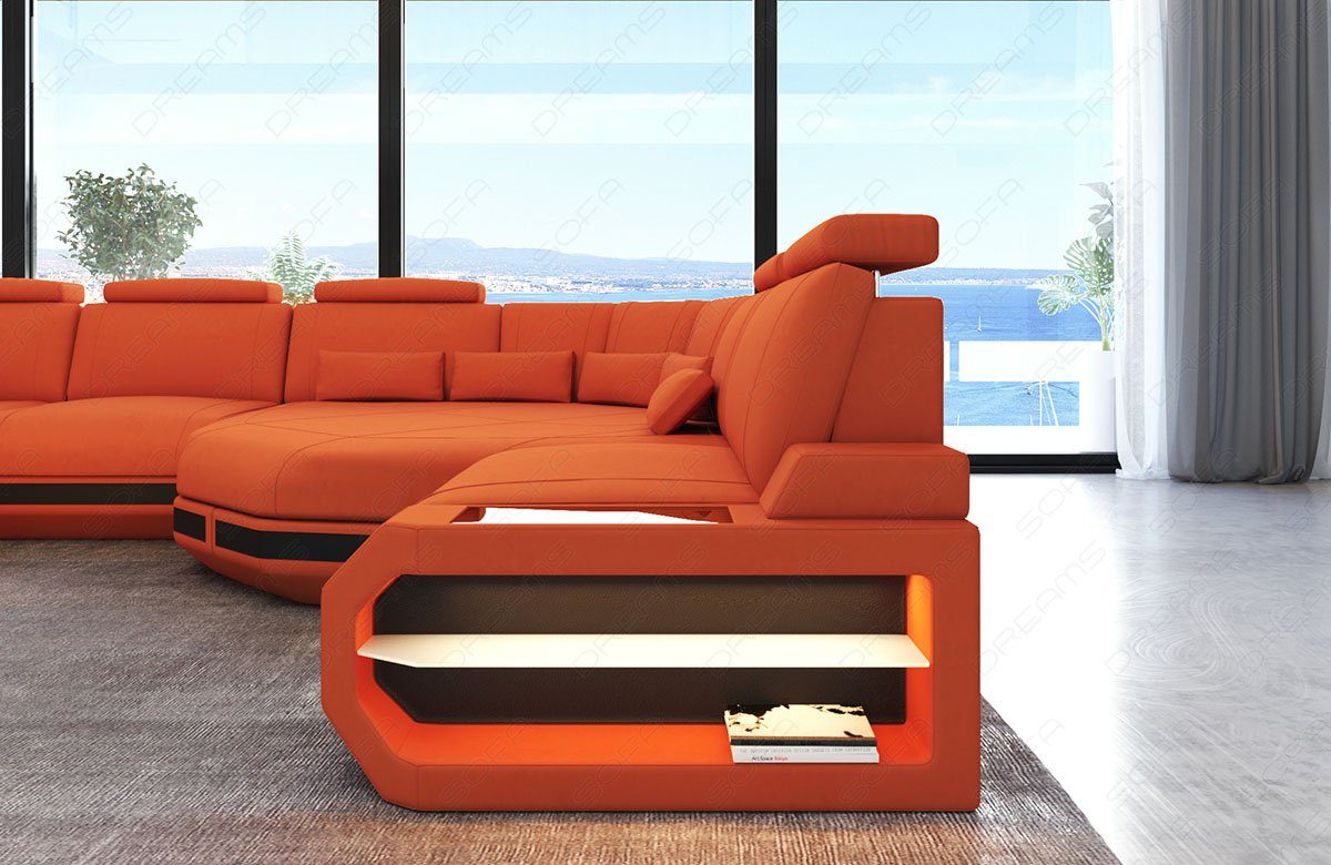 Sofa Dreams Couch Mini Stoff Stoffsofa LED, U Asti USB Polster mit, C94 Wohnlandschaft Sofa Orange-Schwarz