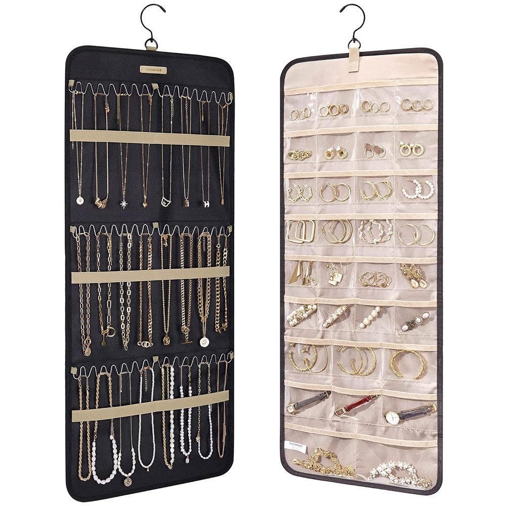 TUWENA Schmuckständer Hängender Schmuckorganizer, Schmuckaufbewahrung Doppelseitige, Mit 32 Taschen und 3 Metallhaken Ketten für Ohrringe Halsketten Ringe