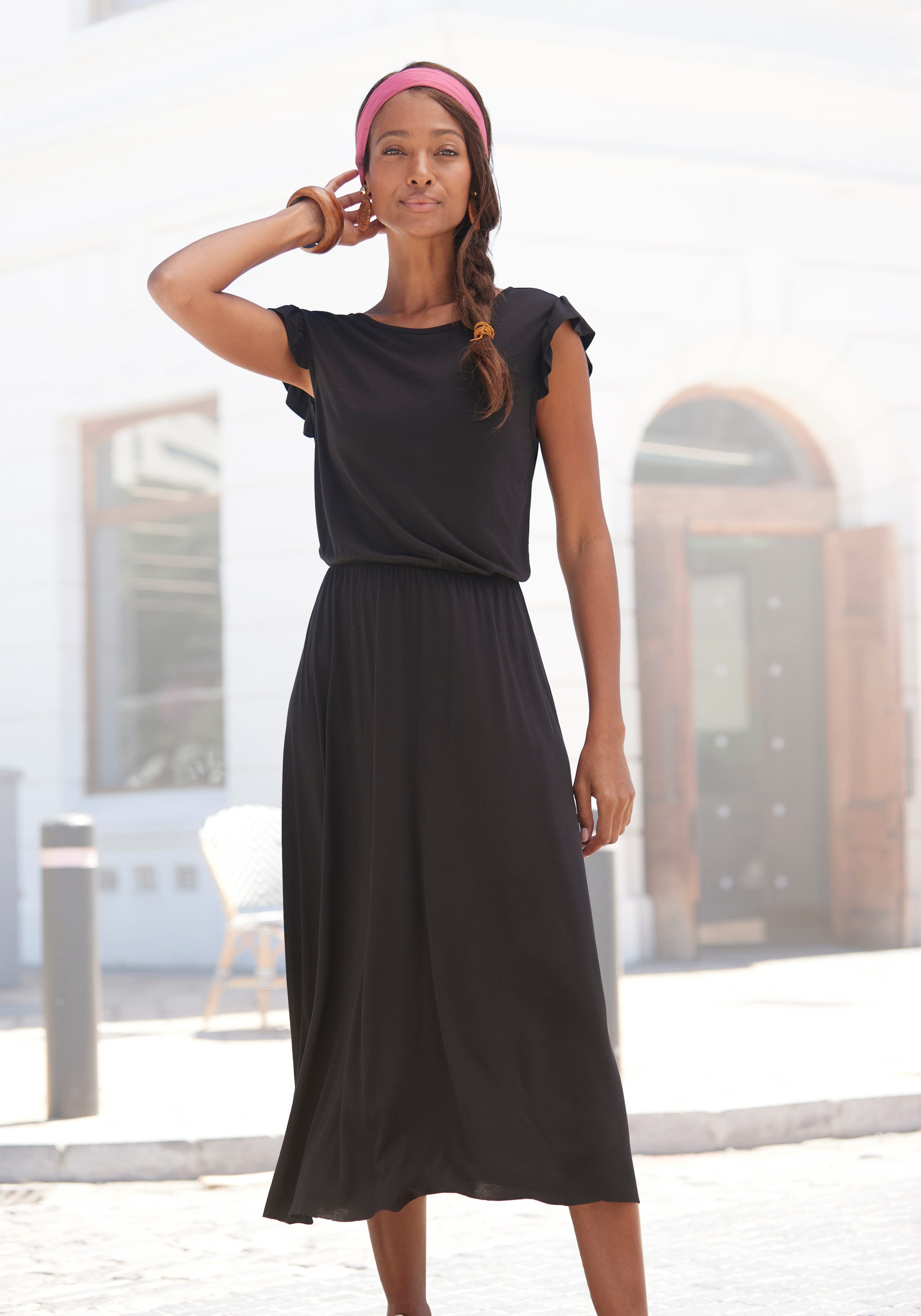 Beachtime by Lascana Jerseykleid aus Viskosejersey mit Gummizug in der Taille, elegantes Midikleid Kurzärmliges Sommerkleid, Strandkleid, Viskosekleid, Basic