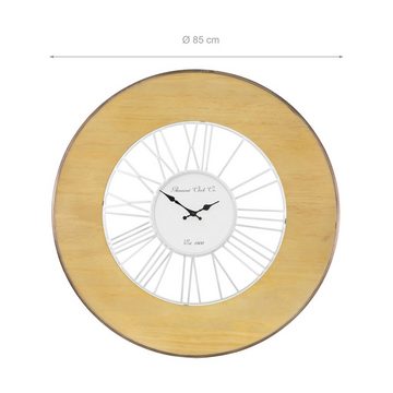 WOMO-DESIGN Wanduhr Designuhr Dekouhr Dekorative Uhr Design (XXL Rund Ø85cm Weiß-Natur Holz-Metall Vintage-Stil Römische Ziffern)