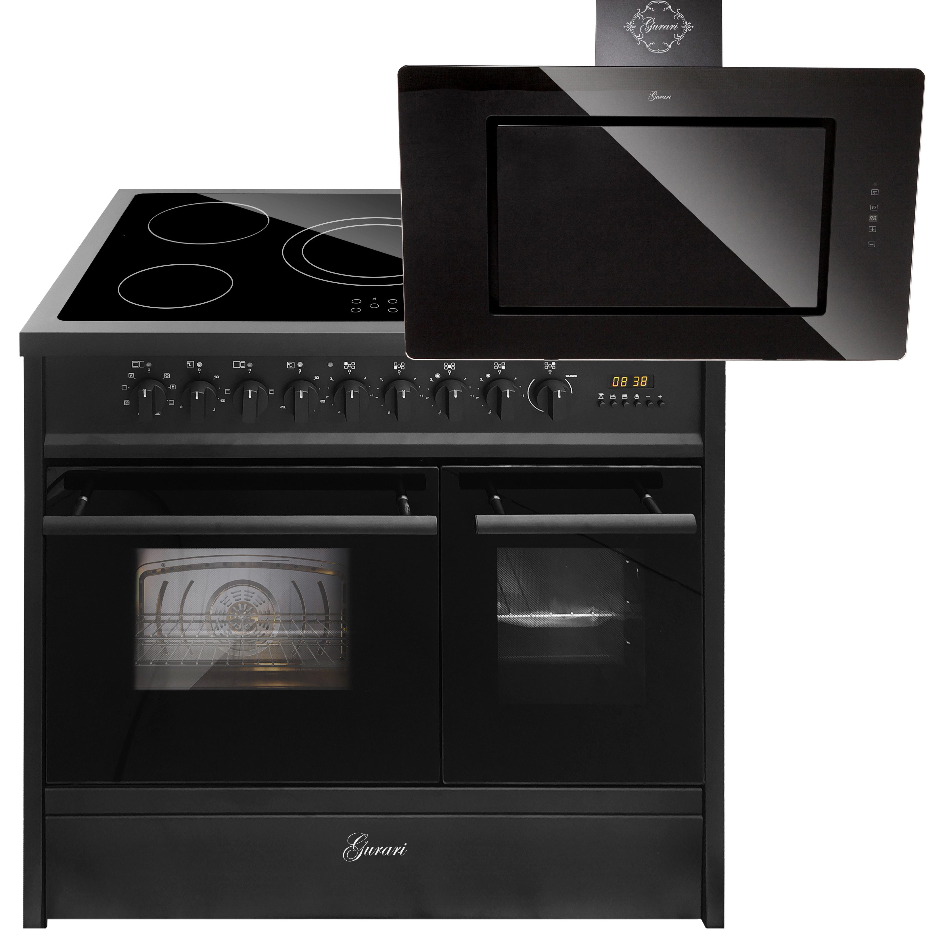 GURARI Elektro-Standherd Glaskeramik Herd 90 cm Schwarz Range Cooker Elektro Doppelbackofen mit Dunstabzugshaube 90 cm GCH E 912 DF BL+GCH S 155 BL 90 Prime N., mit 1-fach-Teleskopauszug