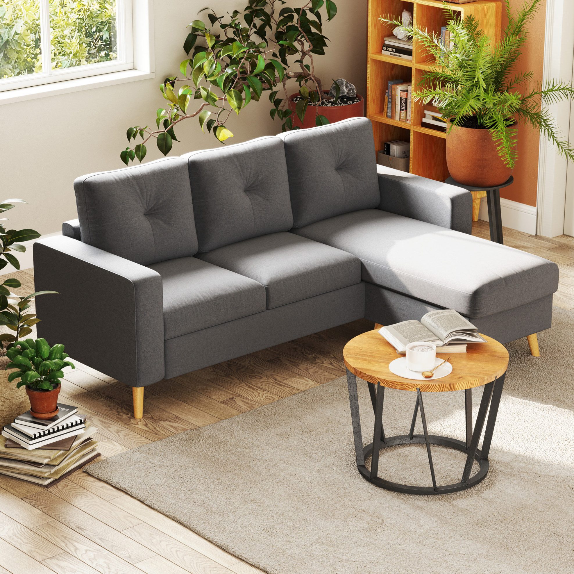 OKWISH Ecksofa L-förmiges Ecksofa mit Chaiselongue, Leinenoptik, 193x85x136 cm, 3‑Sitzer Eckcouch für Wohnzimmer & Gesellschaftsräume 1 Teile, in Grau Bequeme Sitzlandschaft mit entspannter Liegefläche
