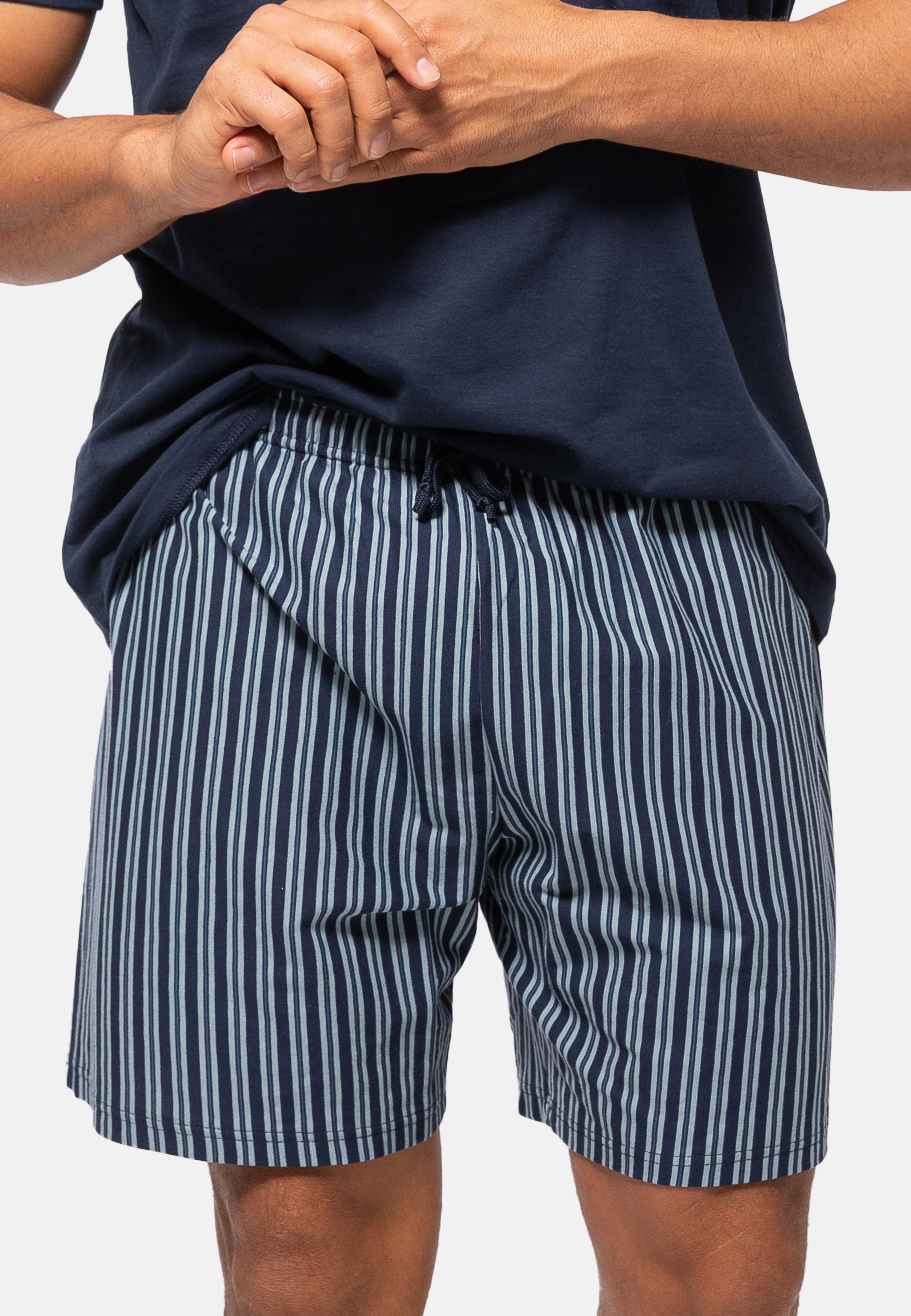 Ammann Pyjama Organic Cotton Baumwolle Hose tlg) gestreift Blau 2 - Shirt aus Schlafanzug Set kurzer Kurzarm und (Set, 