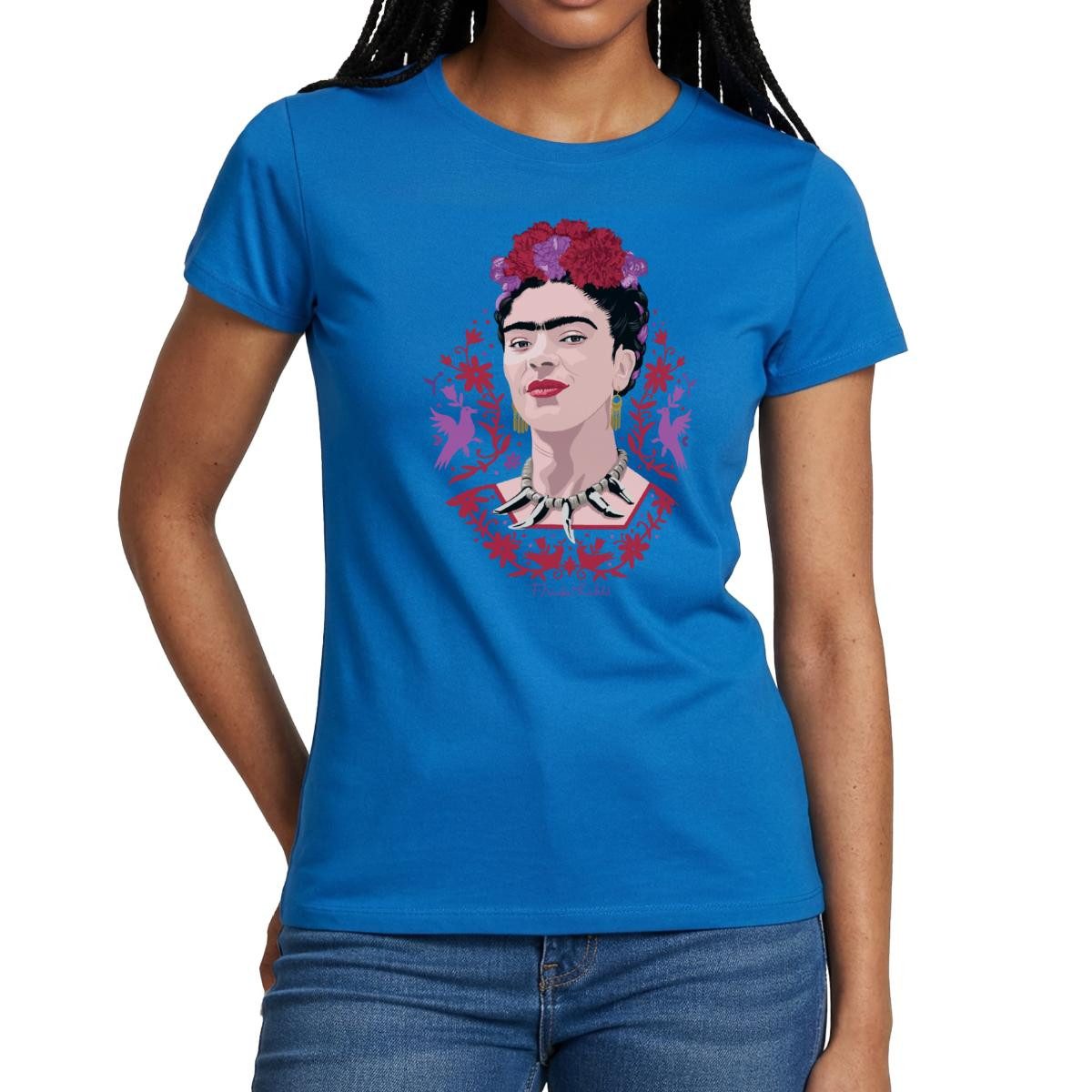 Spreadshirt T-Shirt Frida Kahlo Portrait Mit Blüten Lila Und Rot Frauen T-Shirt (1-tlg) Slim Fit, fällt klein aus