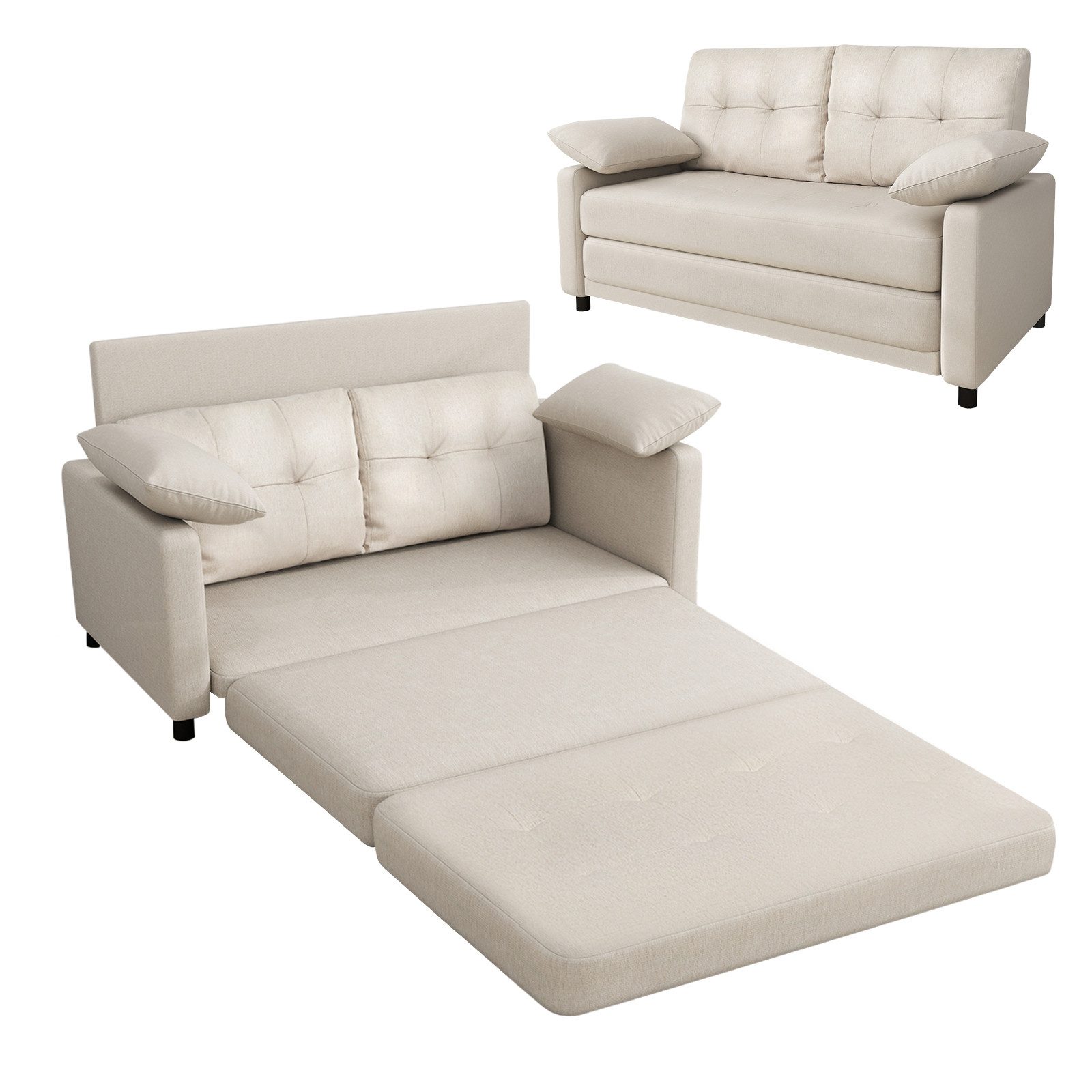 Puluomis Schlafsofa Klappbares Sofabett 135x75(191 zum Ausstrecken)x77cm, 2-sitzig, Gästebett, Lounge-Sofa, mit Kissen, maximal 200kg belastbar beige