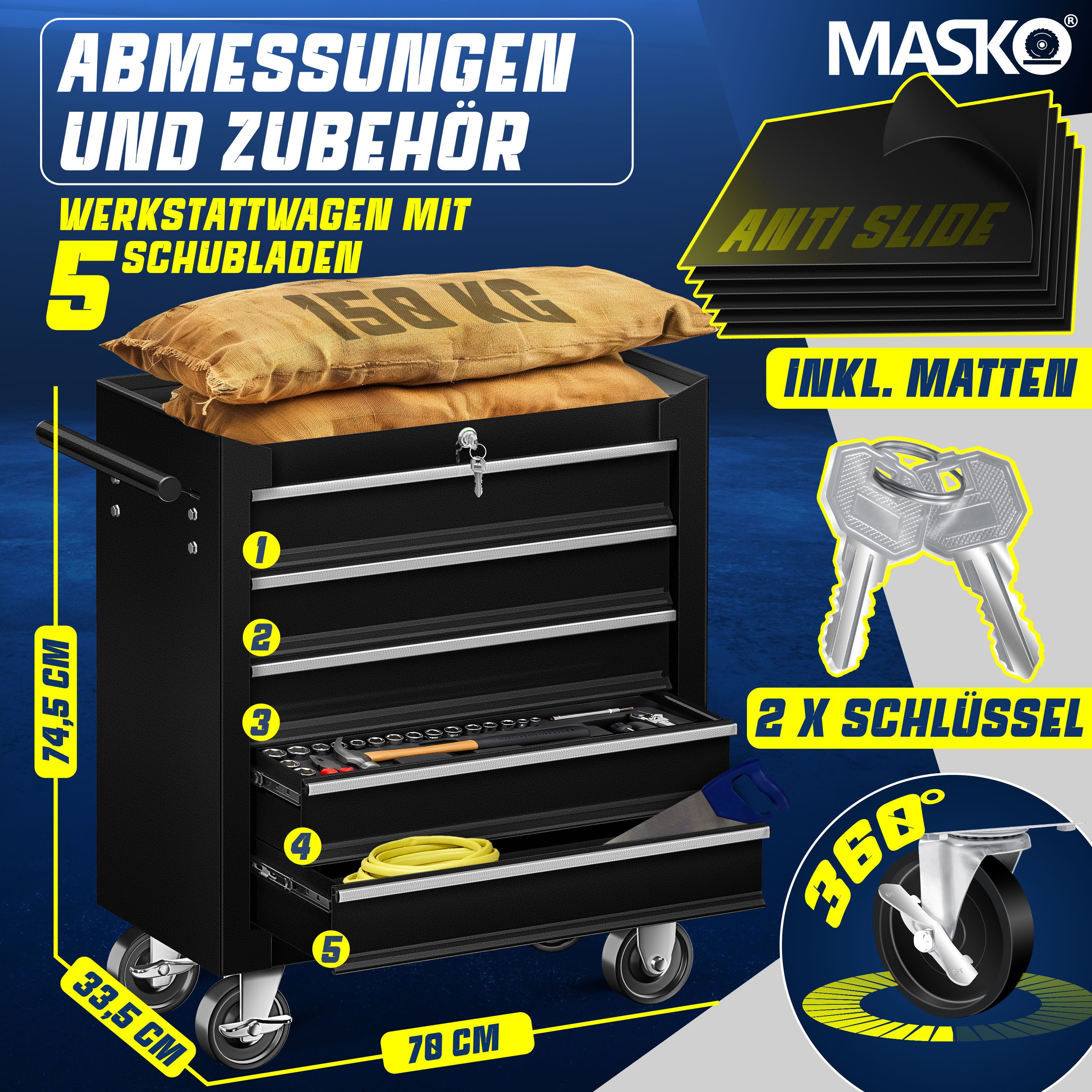 MASKO Werkstattwagen, 5 Fächer schwarz, Werkzeugwagen günstig online kaufen
