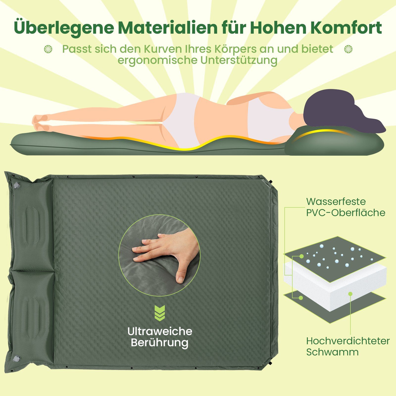 COSTWAY Isomatte, Campingmatte mit Kissen, Selbstaufblasend, 2 Personen