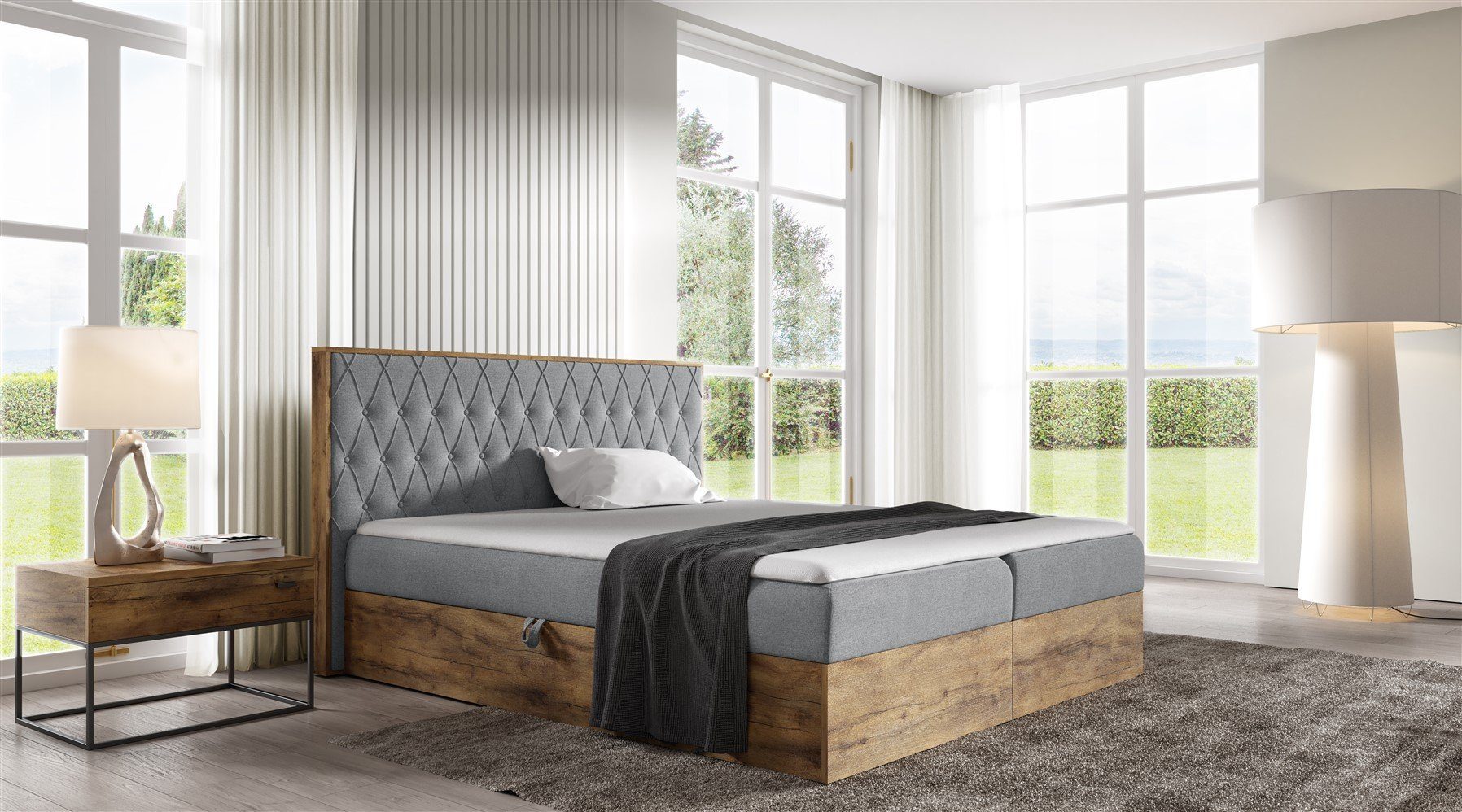 Fun Möbel Boxbett Schlafzimmerbett BROMIA Überlänge (220cm) in Stoff Faro (auch in Standardlänge erhältlich, inkl. Kaltschaumtopper und Topper), Lancelot-Eiche-Optik