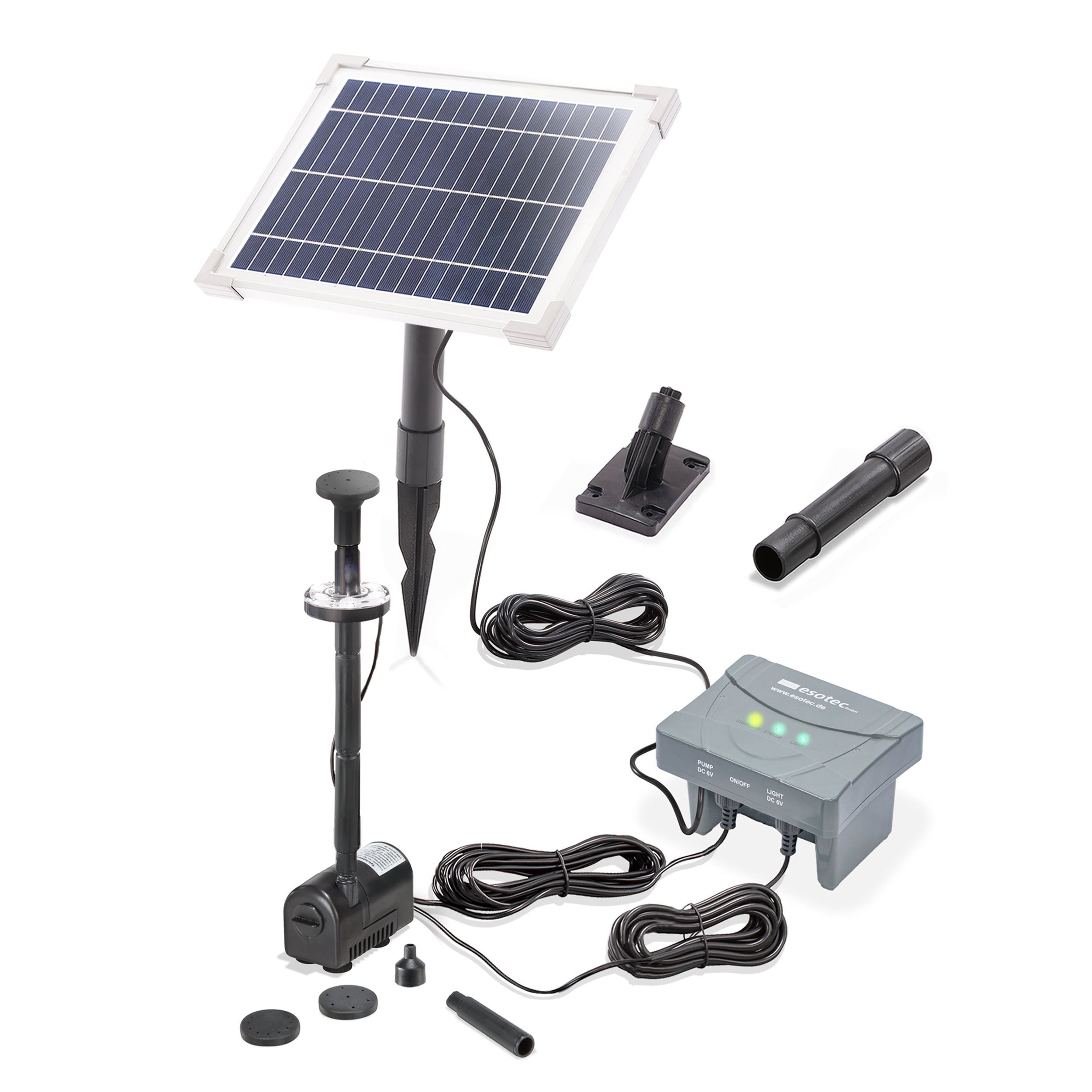 esotec Solarpumpe 6/220 Teichpumpen-Set LED+Akkuspeicher, 220l/h, 6Wp Solarmodul 101023 (Komplettset)