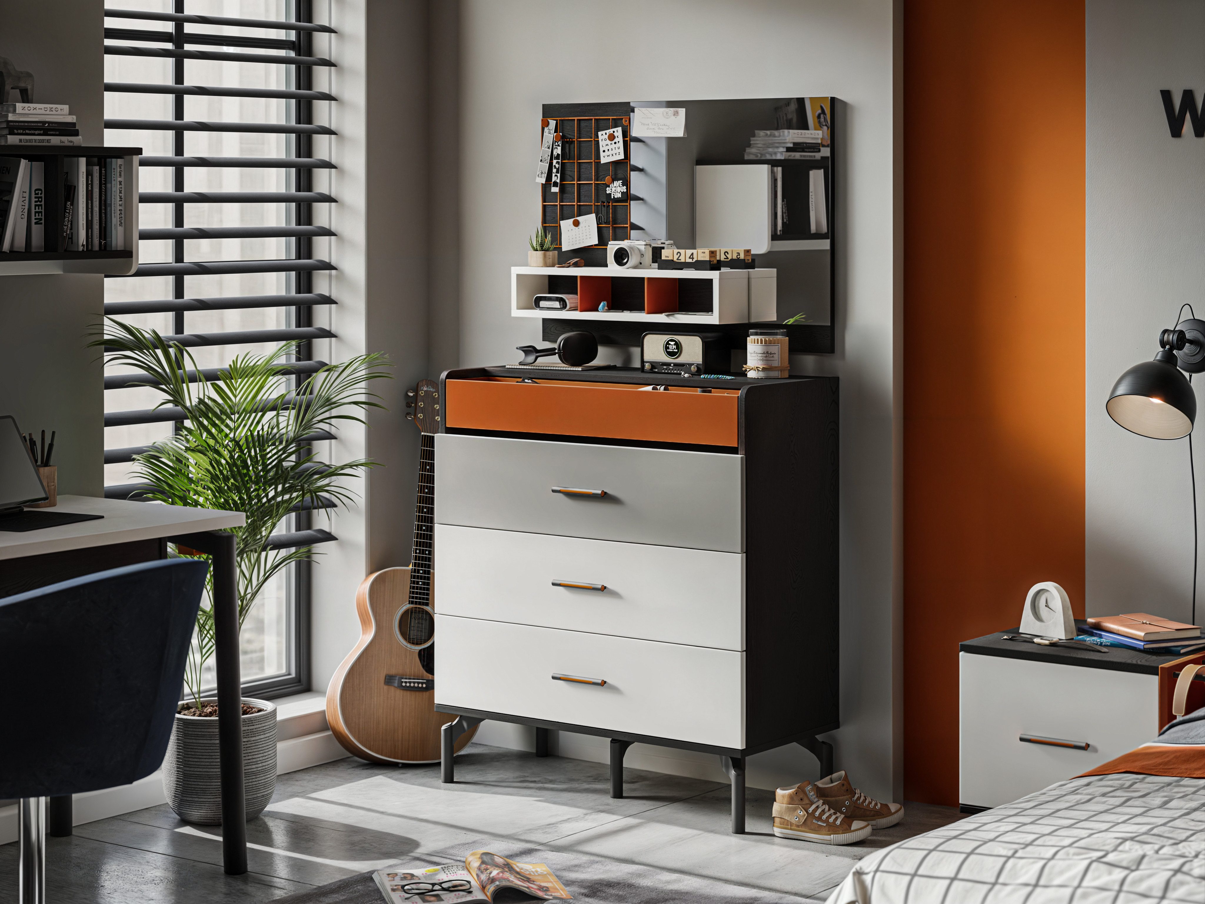 Möbel-Zeit Kommode TREND – Schwarz/Weiß/Grau/Orange – 4 Schubladen mit Soft-Close