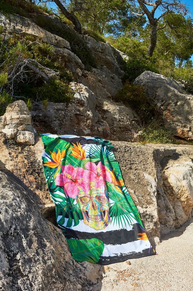 done.® Strandtuch Summer Skull, Hamam Frottier (1-St), gestreift & Motiv,  mit Reisverschluss-Tasche für Wertgegenstände