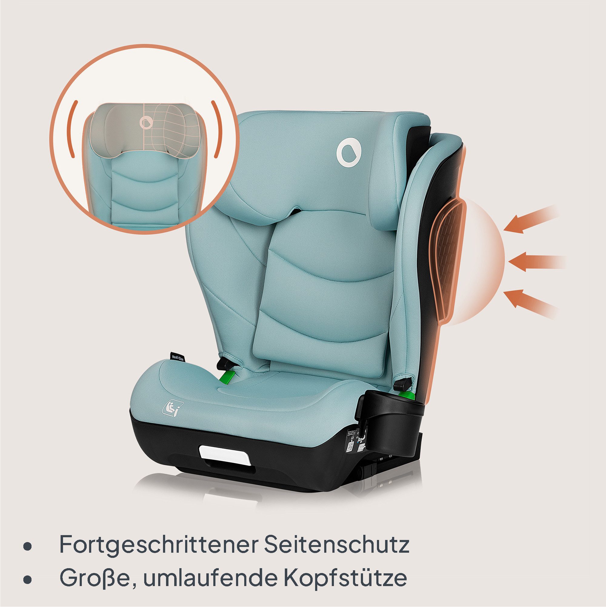 lionelo Autokindersitz NEAL I-SIZE, ab: ca. 3,5 Jahre (entsprechend einer Körpergröße ab 100 cm)., bis: ca. 12 Jahre (entsprechend einer Körpergröße bis 150 cm)., ab: 100 cm, bis: 150 cm, (Set mit Getränkehalter und Isofix-Adapter), Isofix&Gurt/Waschbarer Bezug/Getränkehalter/Seitenschutz