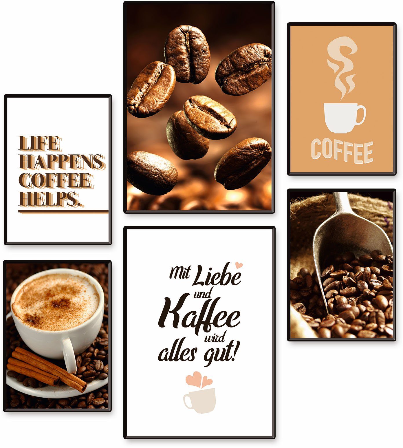 Artland Poster Kaffee Vielfalt, Kaffee Bilder (Set, 6 St), 6er Set, 2xDIN  A3 / 4xDIN A4, ohne Rahmen