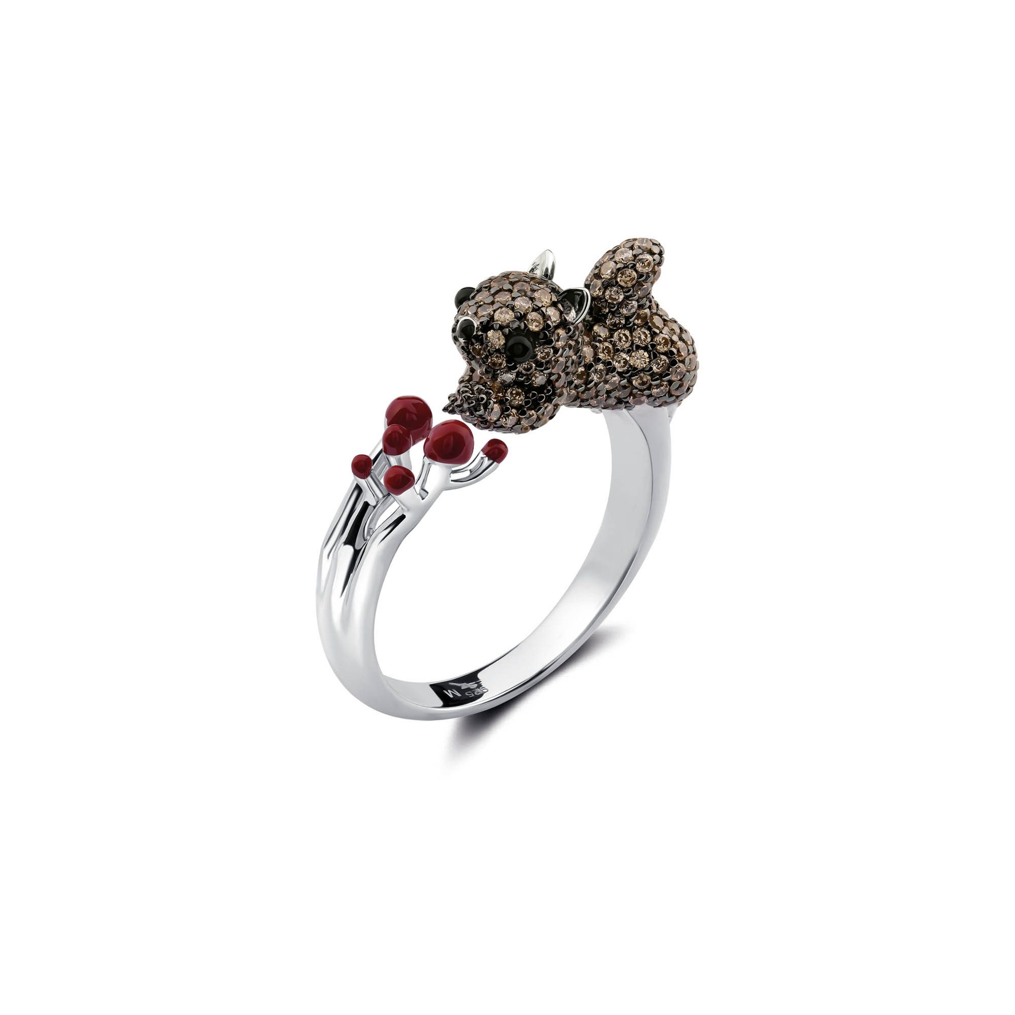 Seinerzeit FLORA & FAUNA Silberring Fluffy Eichhörnchen Ring (1-tlg), Material: 925 Sterling Silber, rhodiniert, geschwärzt mit Emaille