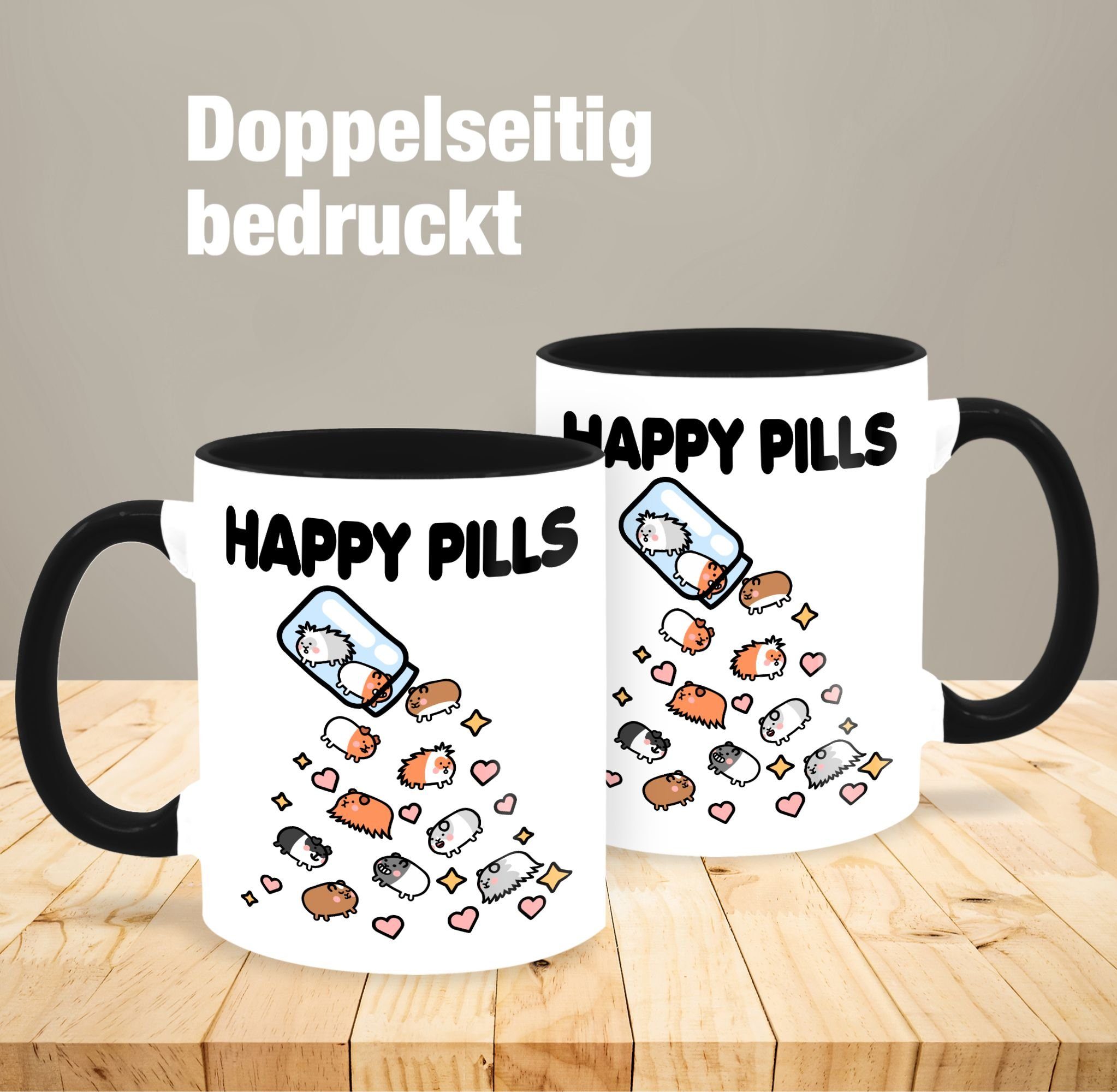 2 Happy - Schwarz Shirtracer Keramik, Mrerschwein, Tasse Statement Pills Meerschweinchen