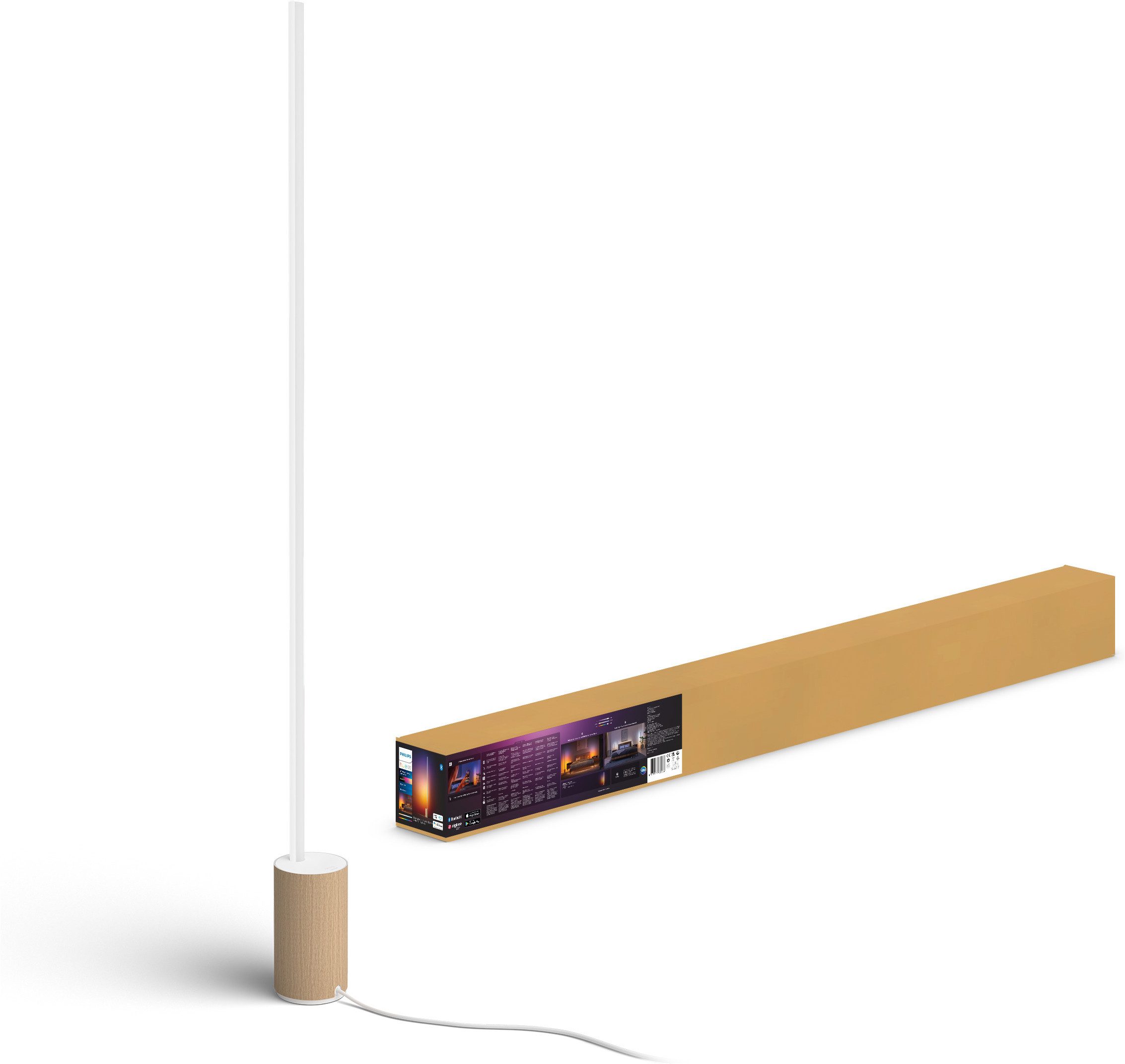 Philips Hue LED Stehlampe White & Color Ambiance Gradient Signe Oak, Abschaltautomatik, Bluetooth, CCT - über Fernbedienung, Dimmfunktion, Einschlafhilfe, Farbsteuerung, Farbwechsel, Memory, nach Trennung vom Netz, Nachtlichtfunktion, RGB, Smart Home, Timerfunktion, Weckerfunktion, dimmbar über Fernbedienung, mehrere Helligkeitsstufen, LED fest integriert, Farbwechsler, RGB, warmweiß - kaltweiß, App- & Sprachsteuerung, Smart Home, Gradient-Farbverläufe, Holzoptik