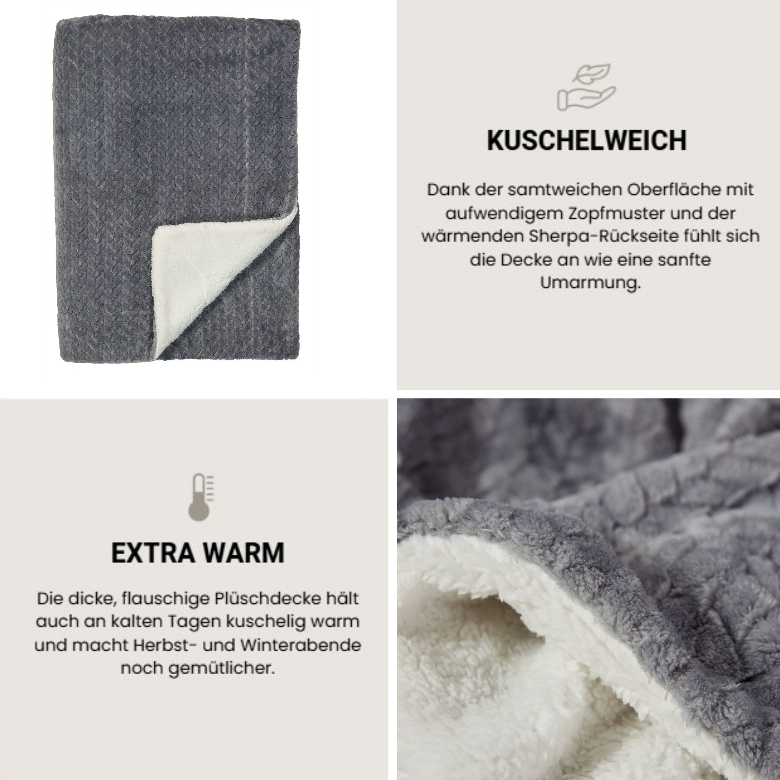 Wohndecke Elsa Wohndecke mit Zopfmuster und flauschiger Sherpa-Rückseite, Schiesser, mit aufwendigem Zopfmuster – Bild 4 von 5