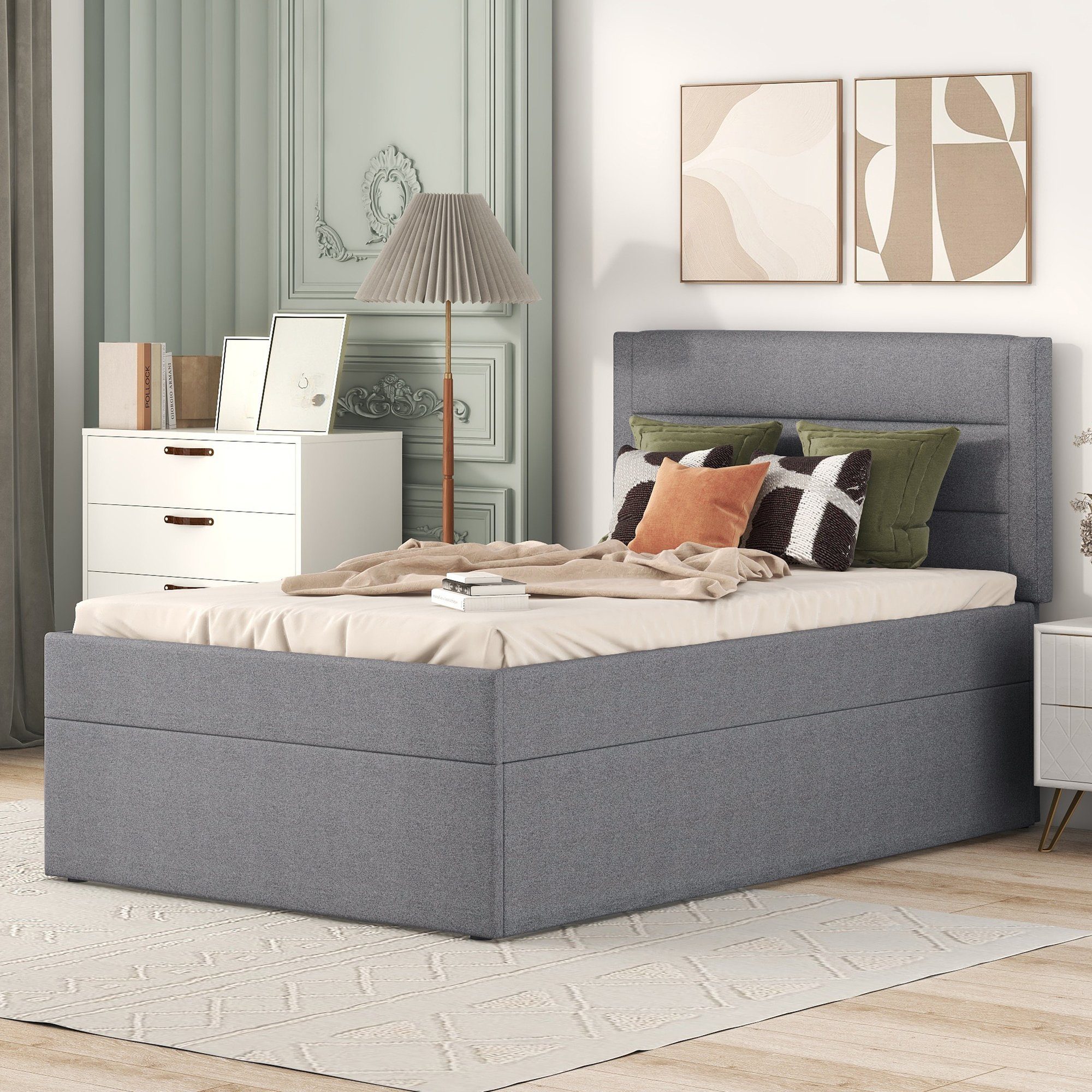 Flieks Polsterbett, Boxbett Einzelbett mit Stauraum Leinen 90x200cm günstig online kaufen