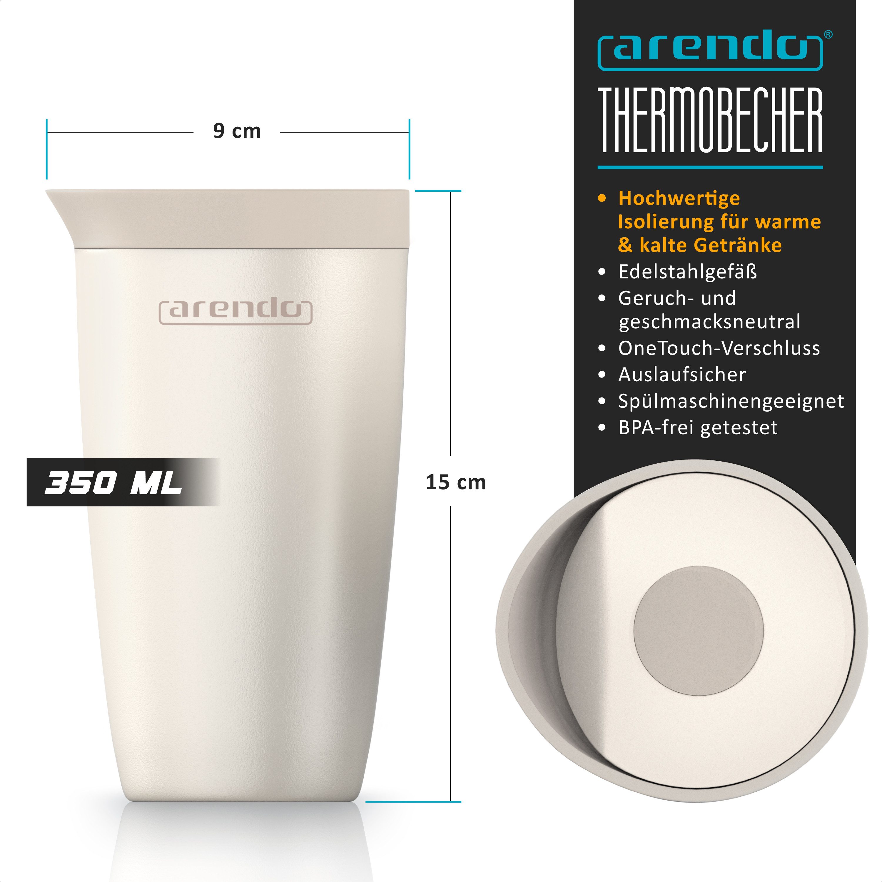 Arendo Thermobecher Thermal Mug 350 ml, Kaffee to go Becher mit Deckel aus Edelstahl 0,3 L, 2-tlg., Edelstahl, hält 12h heiß & 6h kalt, doppelwandig, 100% auslaufsicher, Coffe-to-go