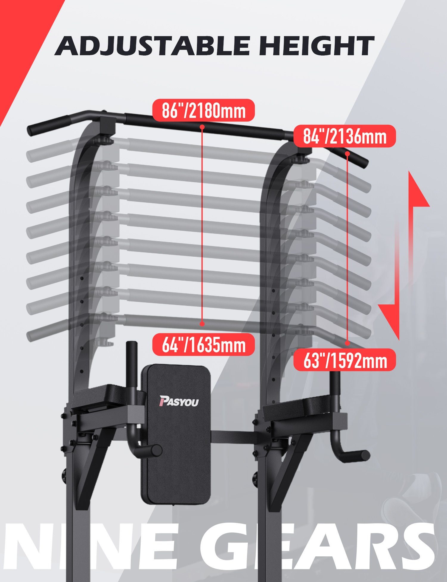 PASYOU Klimmzugstange PU40 (Freistehend Power Tower, 6 in 1 Verstellbar Kraftturm Dip Station), Multifunktionale Pull Up station, Maximale Belastung 300kg