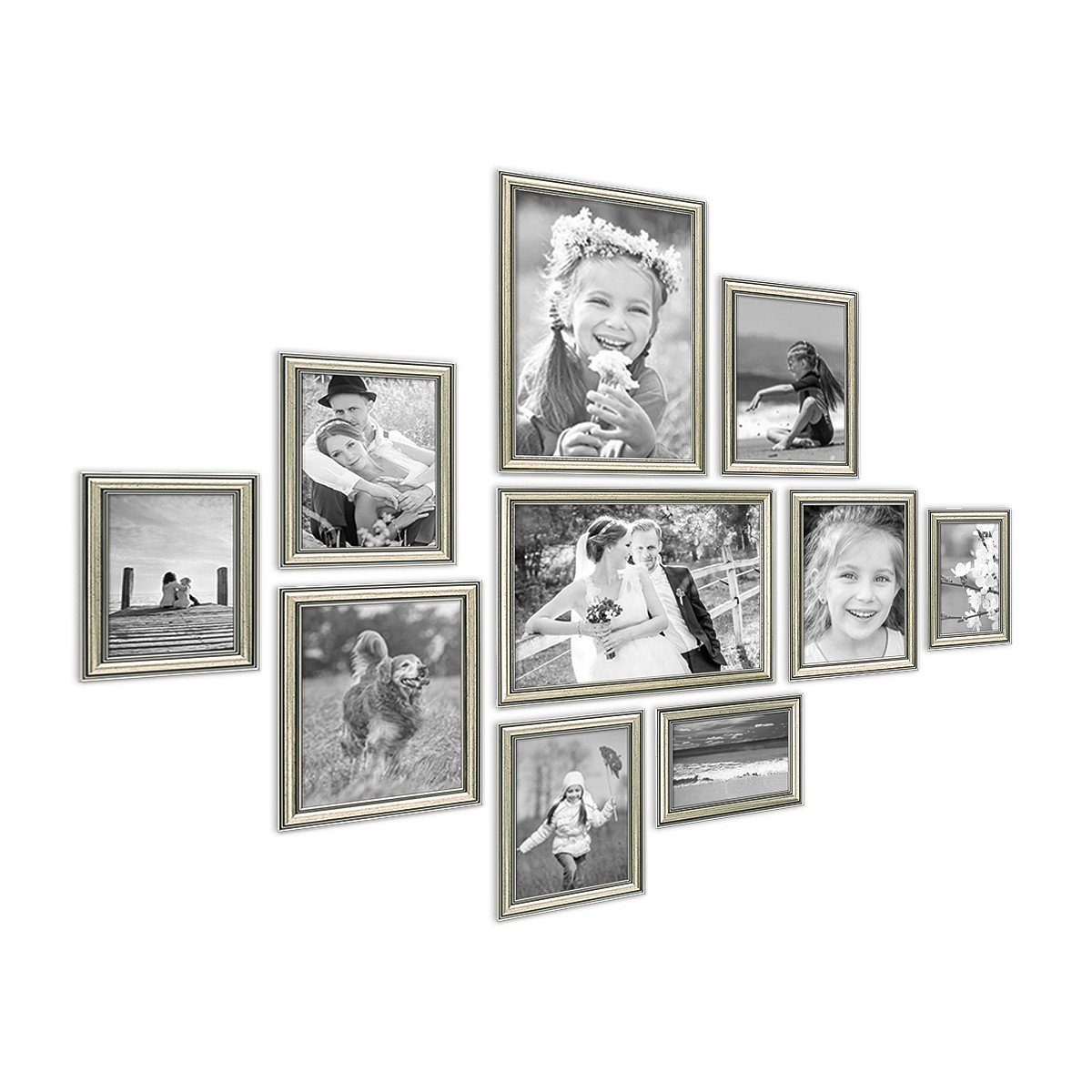 Barock-Stil Silber eleganter cm 10er 21x30 PHOTOLINI bis 10x15 Kunststoff-Rahmen Set Bilderrahmen