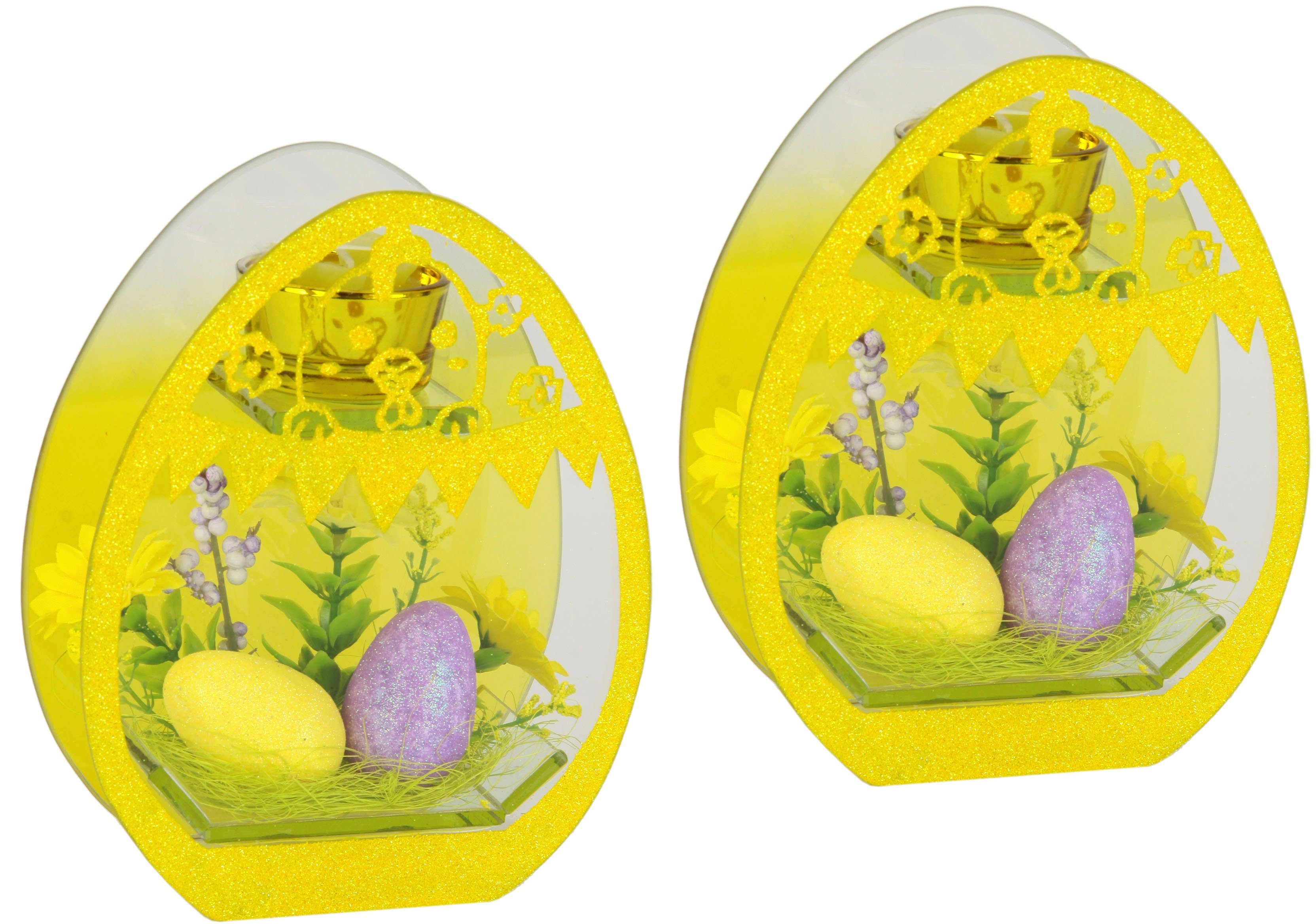 Glaseinsatz 3D Kunstblumen Dekoriert, Teelichthalter Set I.GE.A. 2er Mit Kerzen Osterdeko Oster-Eier