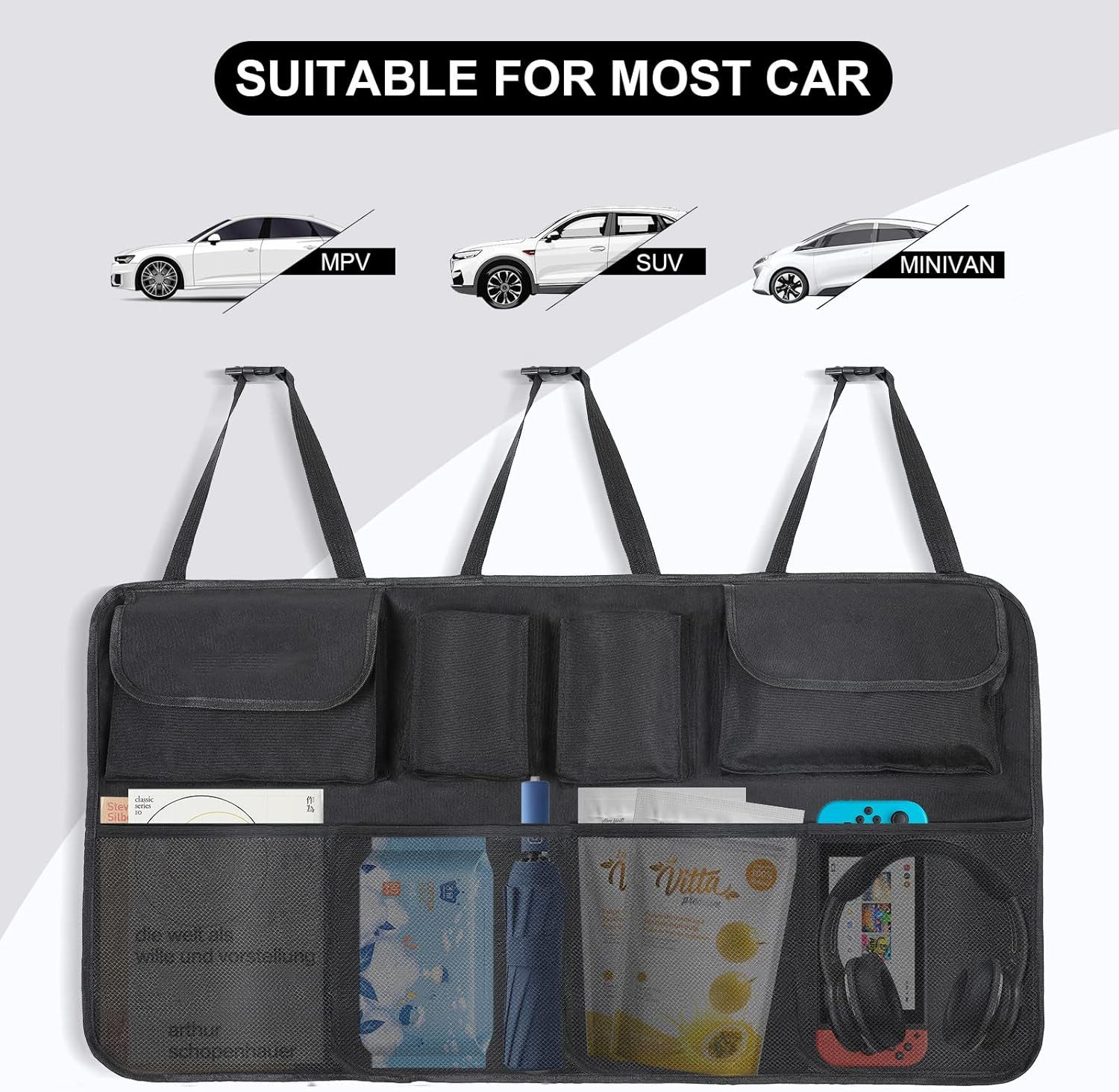 LA CUTE Rücksitzorganizer Auto Kofferraum Organizer faltbar SUV Rücksitz Tasche mit 8 Fächern (1-teiliges Auto Organizer Set für Kofferraum & Rücksitz – faltbar, wasserdicht, 1-tlg. Kofferraum-Organizer SUV faltbar Auto Aufbewahrungssystem), 8 Fächer Auto-Organizer SUV faltbar wasserdicht Anti-Rutsch-System
