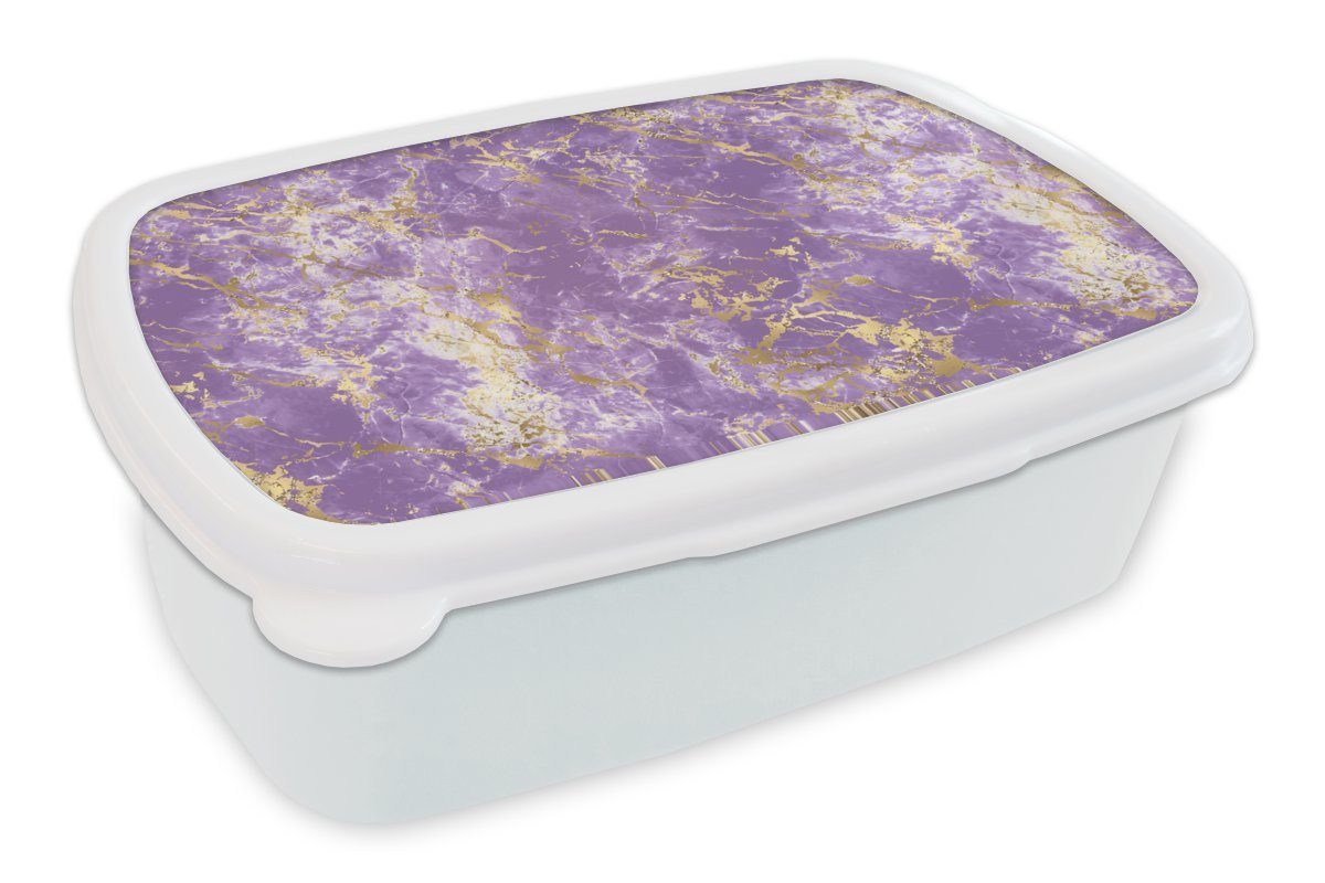 MuchoWow Lunchbox Marmor - Lila - Gold - Muster, Kunststoff, (2-tlg), Brotbox für Kinder und Erwachsene, Brotdose, für Jungs und Mädchen weiß