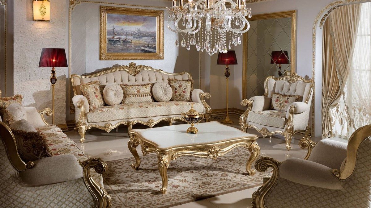 Casa Padrino Couchtisch Casa Padrino Luxus Barockstil Wohnzimmer Möbel Set Grau / Weiß / Gold