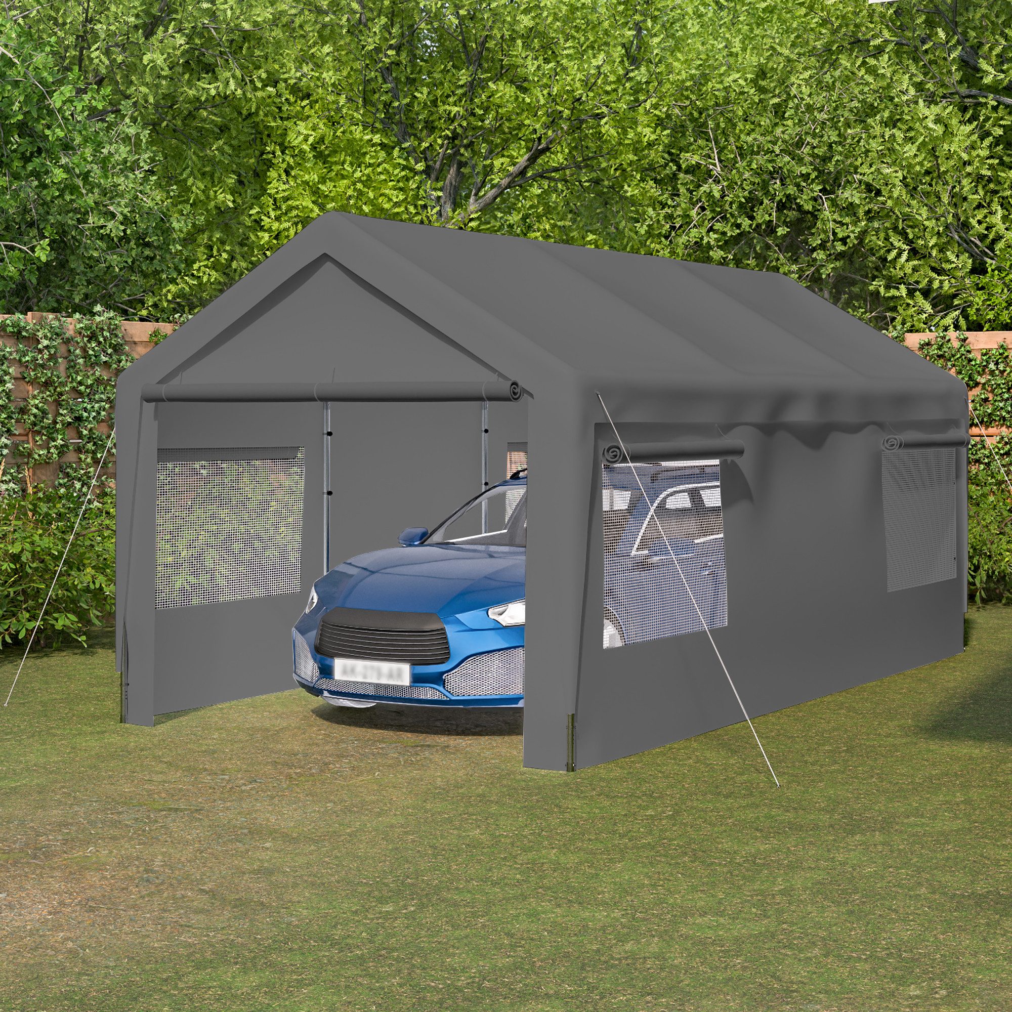 muvano Einzelcarport Carport für Auto & Boot – Schwerlast-Garage mit verzinktem Stahlrahmen, BxT: 310.9x592.84 cm, 196 cm Einfahrtshöhe, 10'×20' wasserdichte & UV-beständige PE-Plane, ganzjähriger Schutz