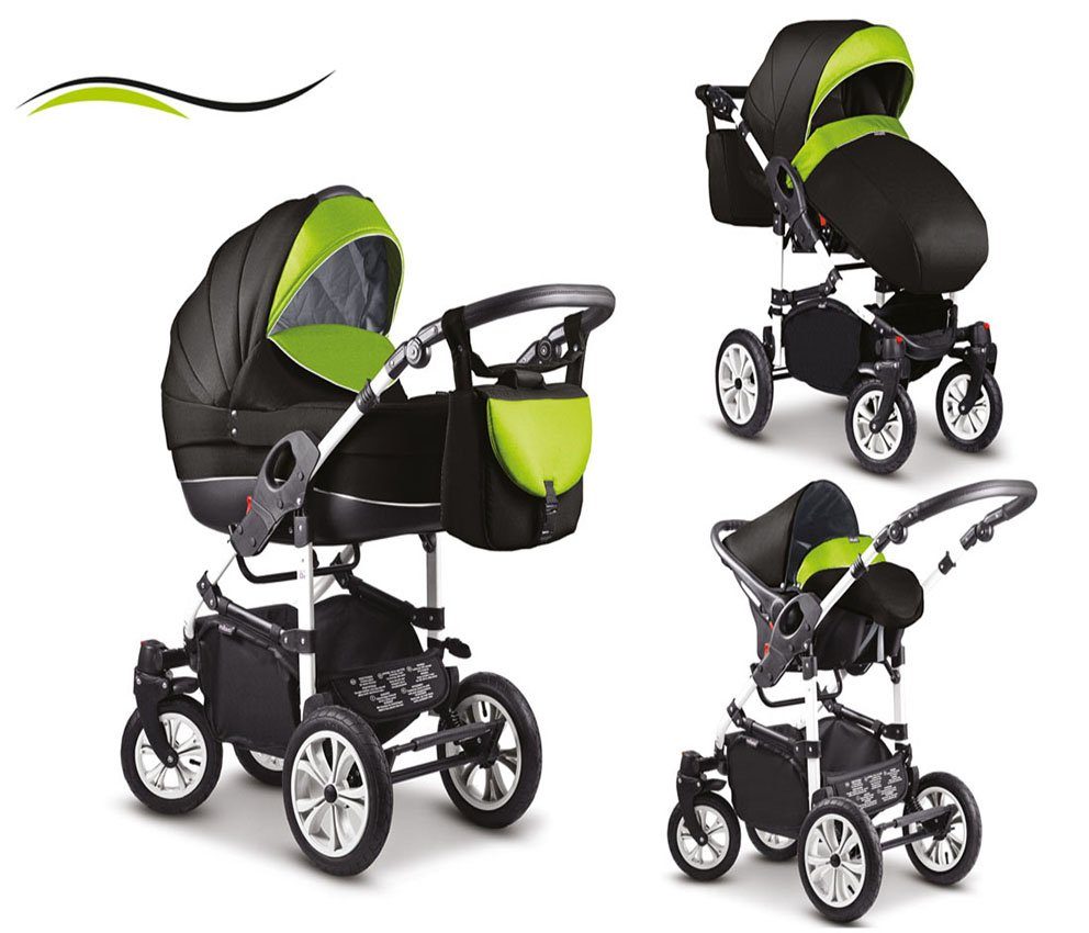 babies-on-wheels Kombi-Kinderwagen 3 in 1 Kinderwagen-Set Cosmo - 16 Teile - in 41 Farben Schwarz-Grün