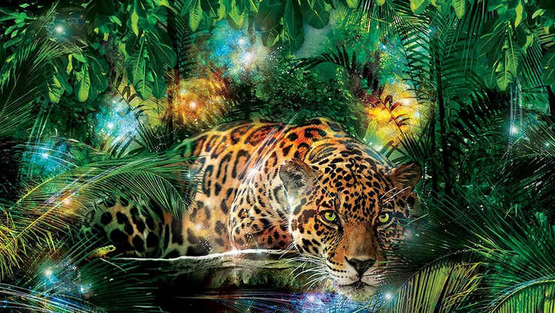 Wallarena Fototapete Dschungel Jaguar Tiere Wohnzimmer Schlafzimmer Wandtapete 104x70 cm, Glatt, Nature, Vliestapete inklusive Kleister