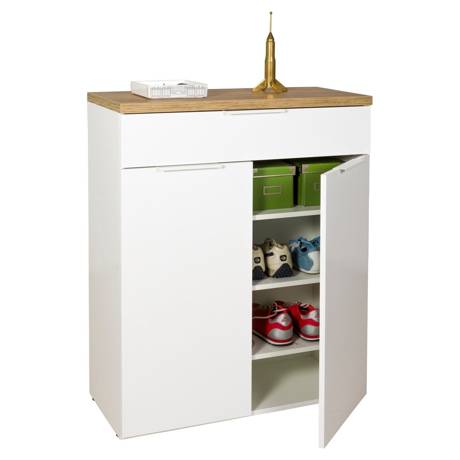 Composad Kommode MUNDI, Weiß Hochglanz, Riviera Eiche Dekor, 2 Türen, 1 Schublade, B 82 x H 102 x T 35 cm