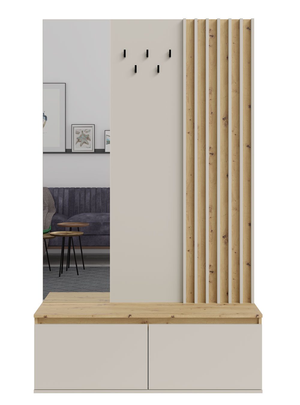 Feldmann-Wohnen Garderobe Doris (mit Klapptüren, mit Spiegel, mit Kleiderhaken, 1 St., moderne Optik, mit Klapptüren, mit Spiegel, mit Kleiderhaken), 120x34x202cm Eiche Artisan Kaschmir Spiegel