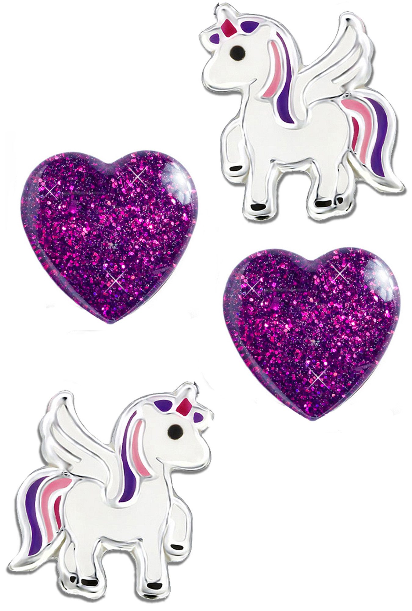 Limana Ohrstecker-Set Ohrringe 925 Silber Einhorn Pferde Edelstahl Herz Kinderohrringe, Glitzer lila