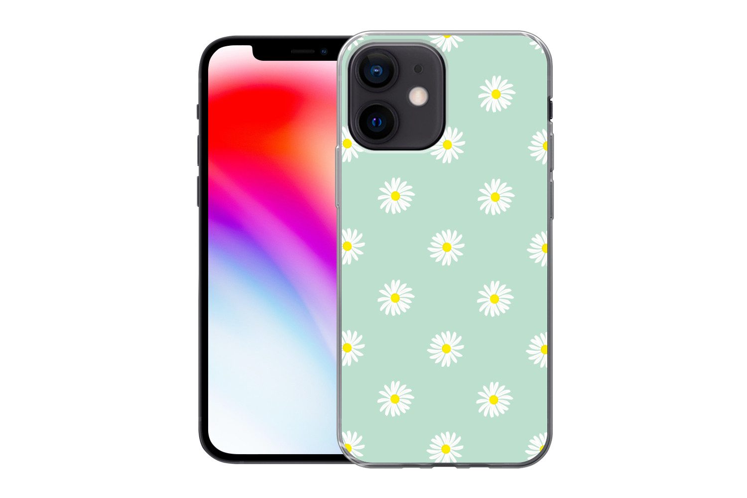 MuchoWow Handyhülle für Apple iPhone 12 mini Gänseblümchen - Pastell - Weiß - Grün - Flora, Smartphone-Bumper, Print, Handy Schutzhülle Dünn
