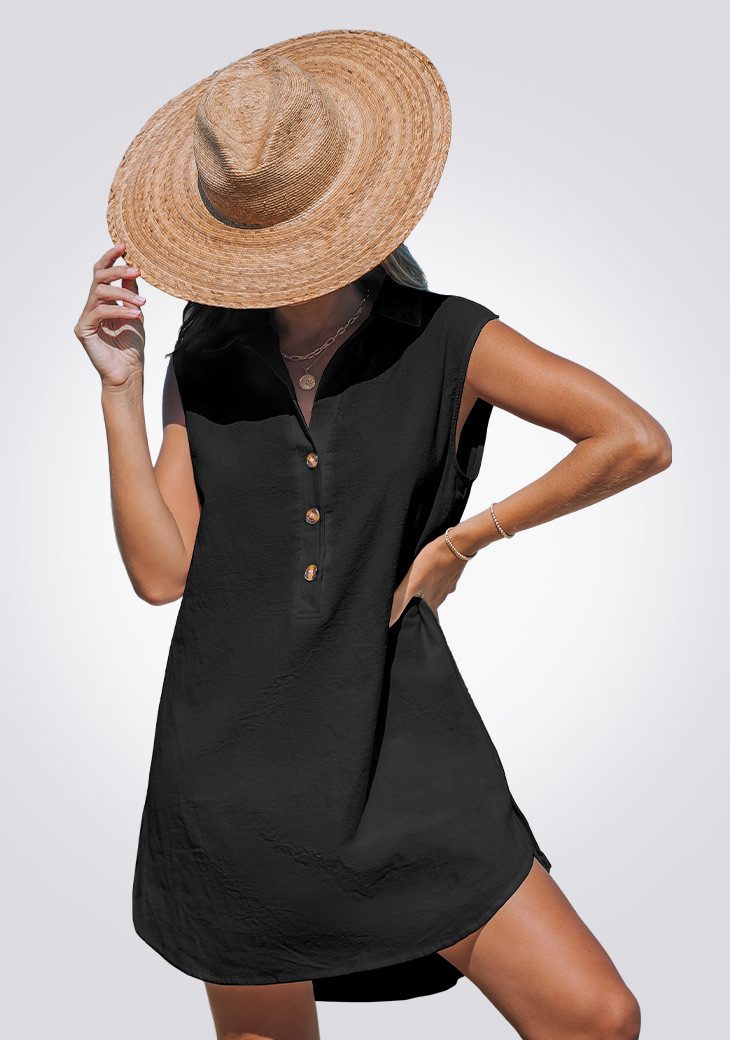 Cupshe Strandkleid Schwarzes ärmeloses Polokragen-Minikleid