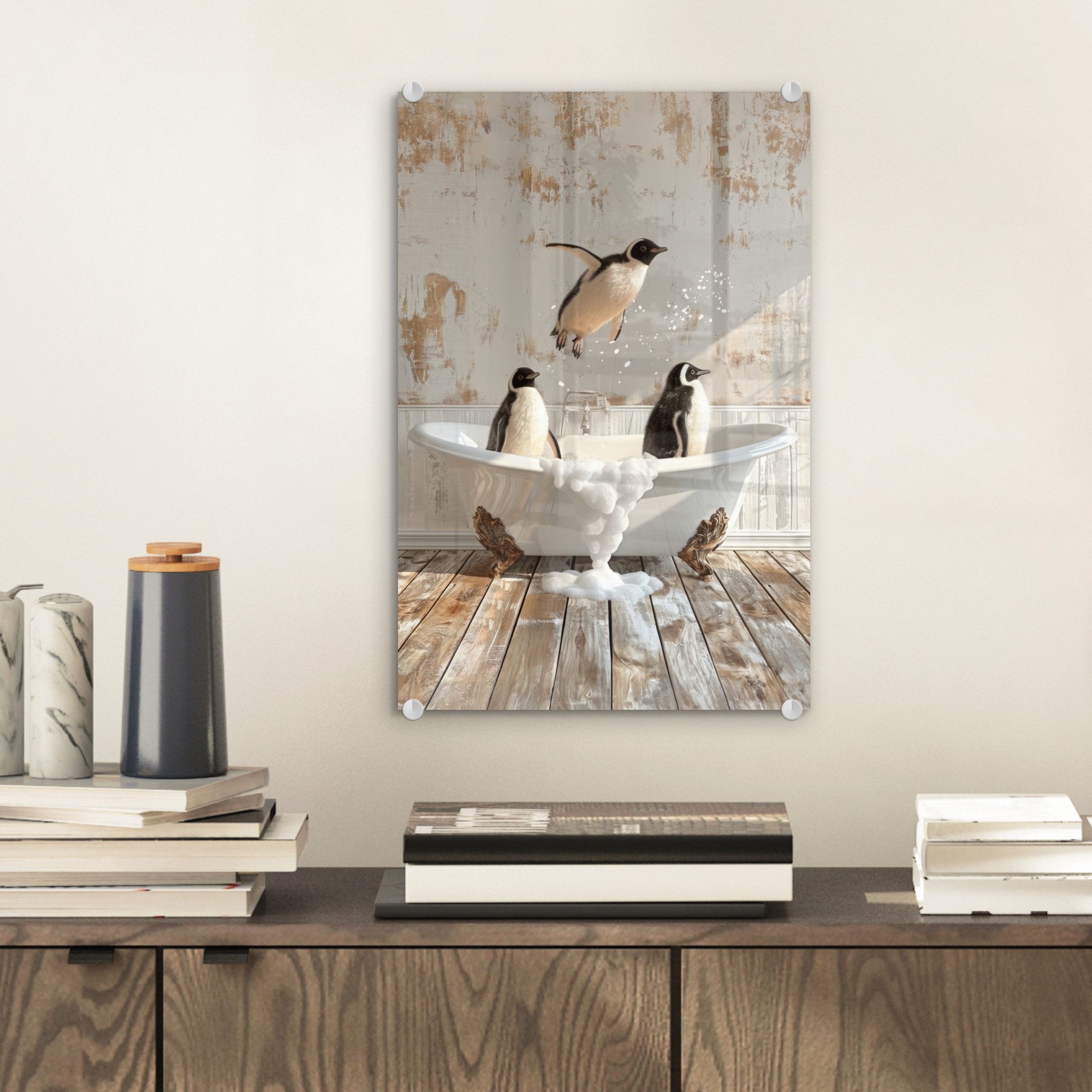 MuchoWow Acrylglasbild Vintage - Pinguin - Badewanne - Schaumstoff, Inkl. A günstig online kaufen