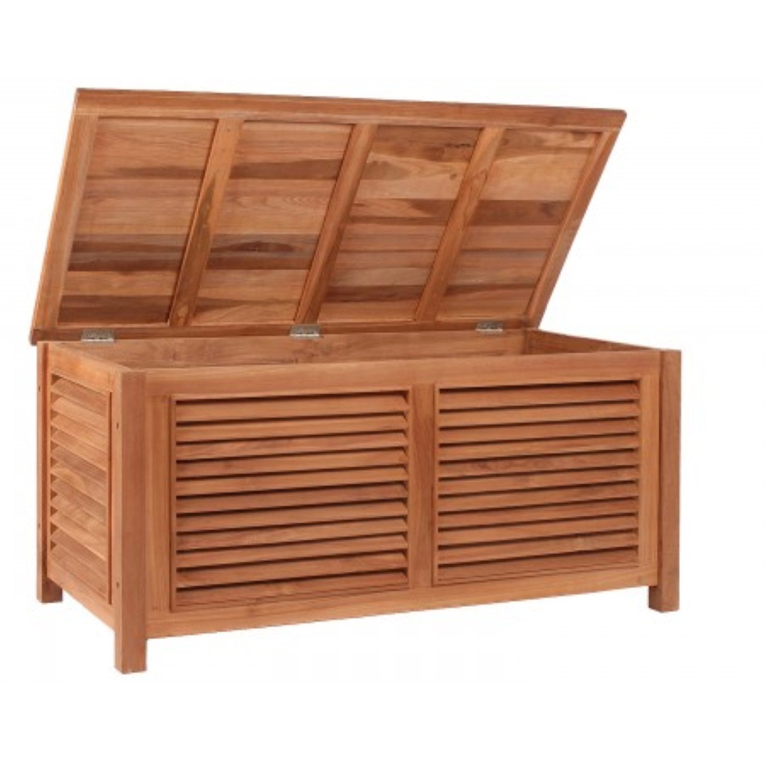 MR.DEKO Aufbewahrungsbox Teak Grande II – 124x58x60 cm mit Belüftung & Klappdeckel (1-teilig, 1 St., Auflagenbox aus Teakholz inklusive Aufbauanleitung), Witterungsbeständige Auflagenbox aus Teakholz
