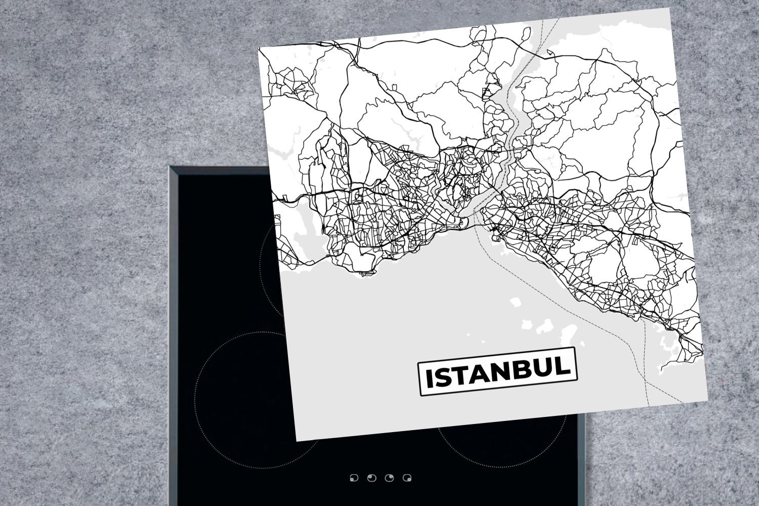 Vinyl, Istanbul tlg), (1 Schwarz 78x78 küche Arbeitsplatte Stadtplan, Karte für weiß - und - - Ceranfeldabdeckung, cm, Herdblende-/Abdeckplatte MuchoWow