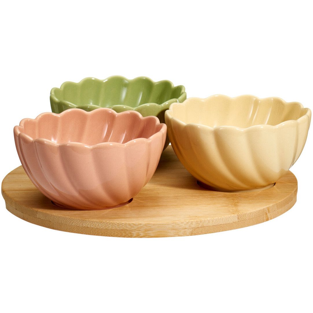Excellent Houseware Schüssel Servierset bestehend aus 3 Blumenschalen und einem Bambutablett, 150, Keramik