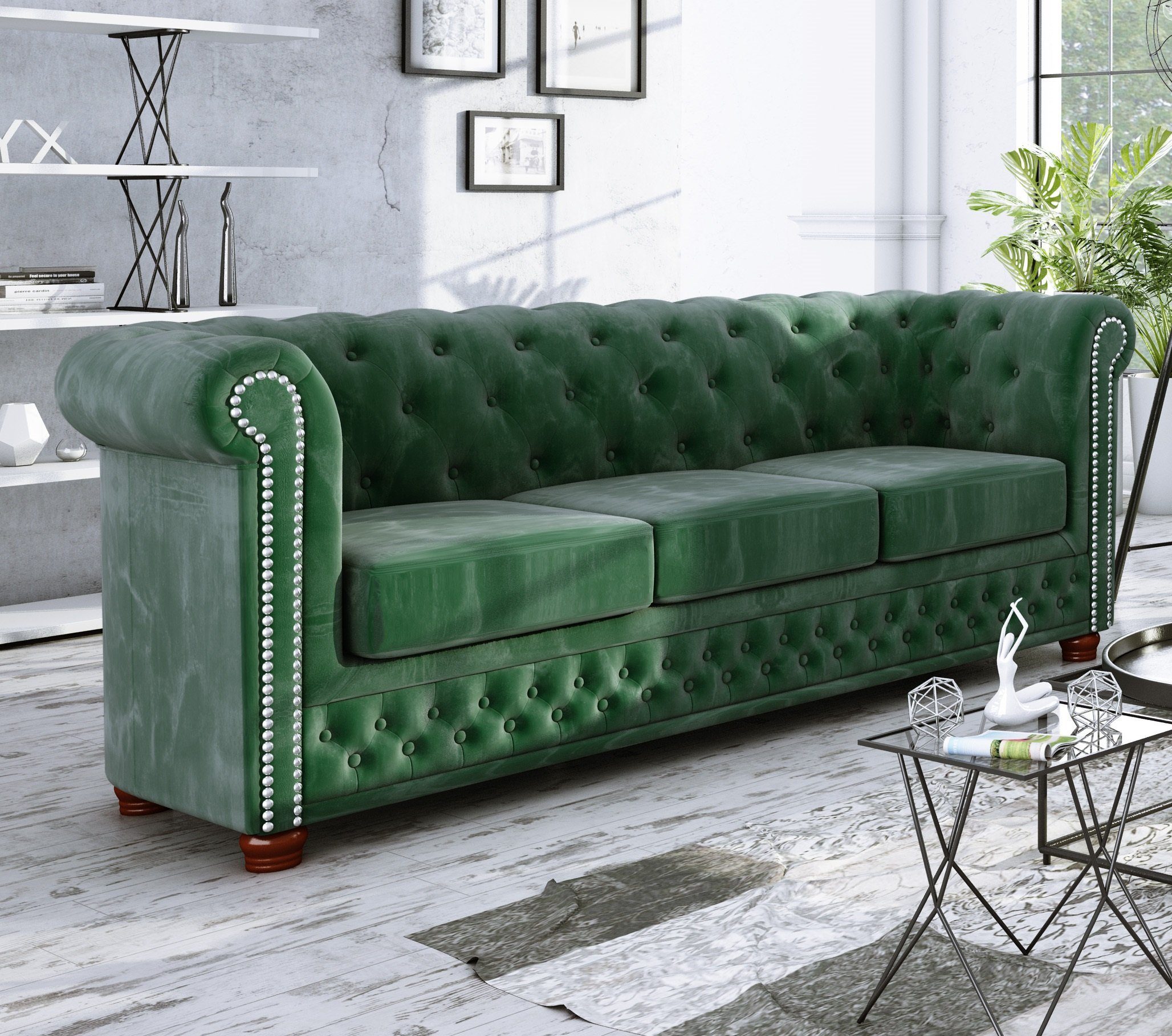 S-Style Möbel 3-Sitzer Leeds Chesterfield Sofa, mit Wellenfederung