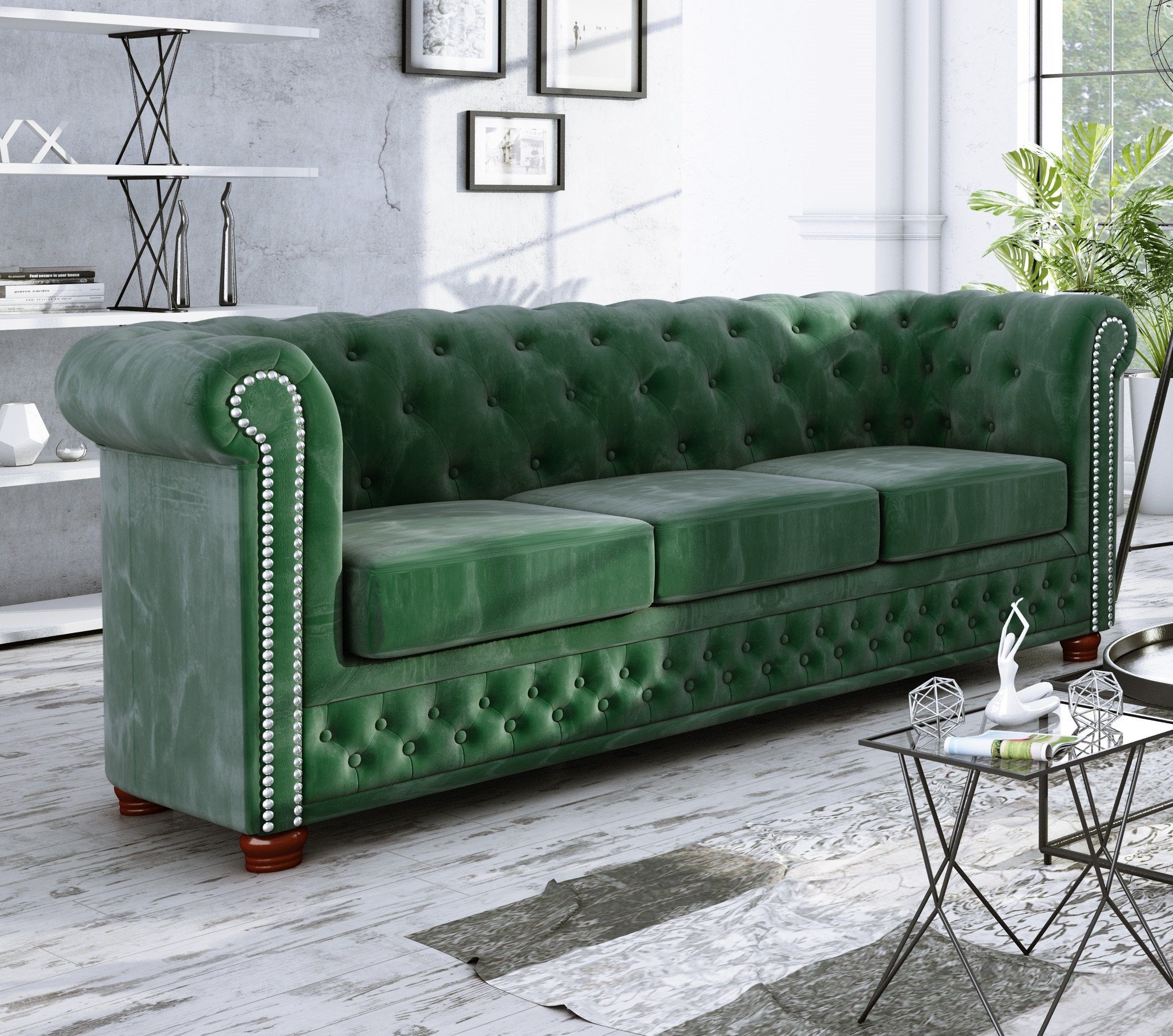 S-Style Möbel Chesterfield-Sofa Leeds, 3-Sitzer aus Samt-Stoff mit Holzfüße günstig online kaufen