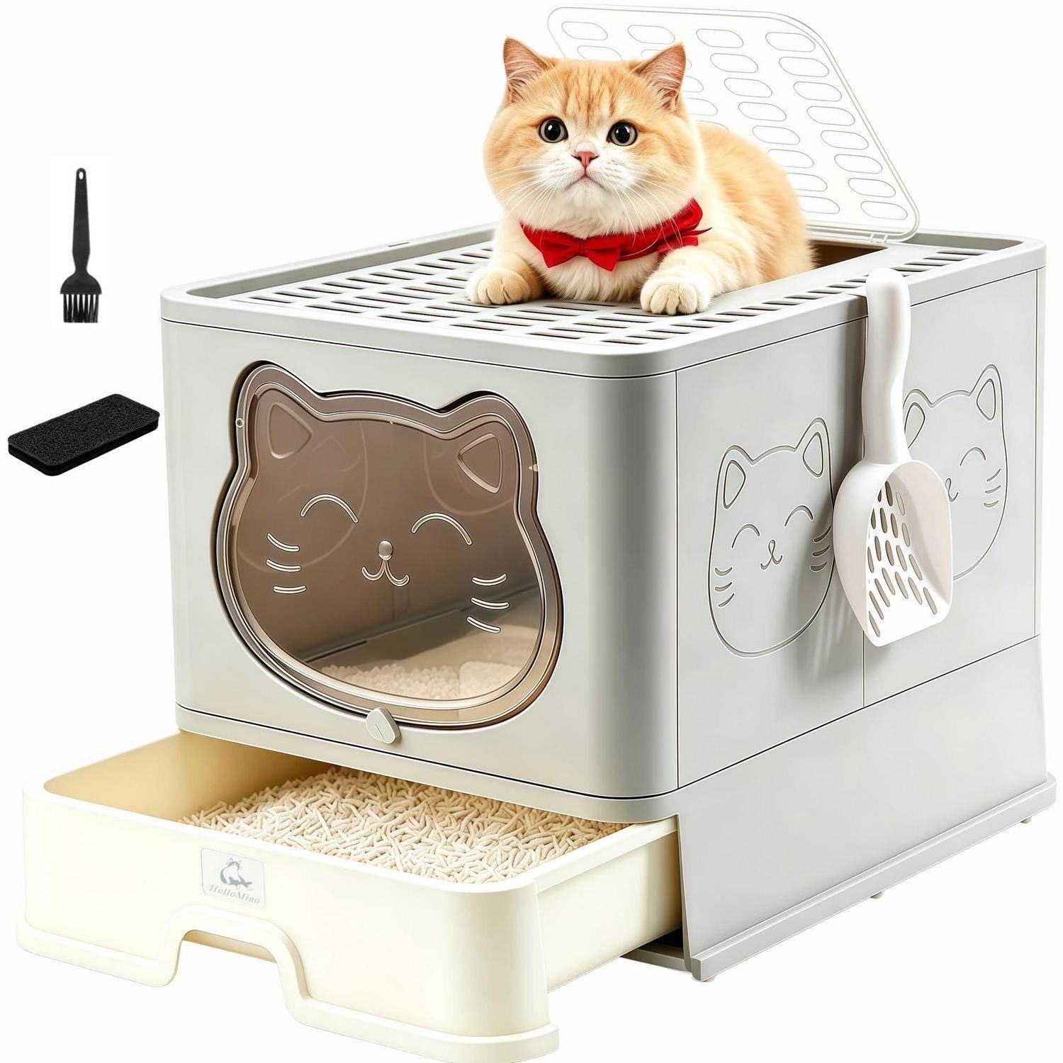 LuxusKollektion Katzentoilette Katzenklo geschlossen faltbar mit Schublade hellgrau